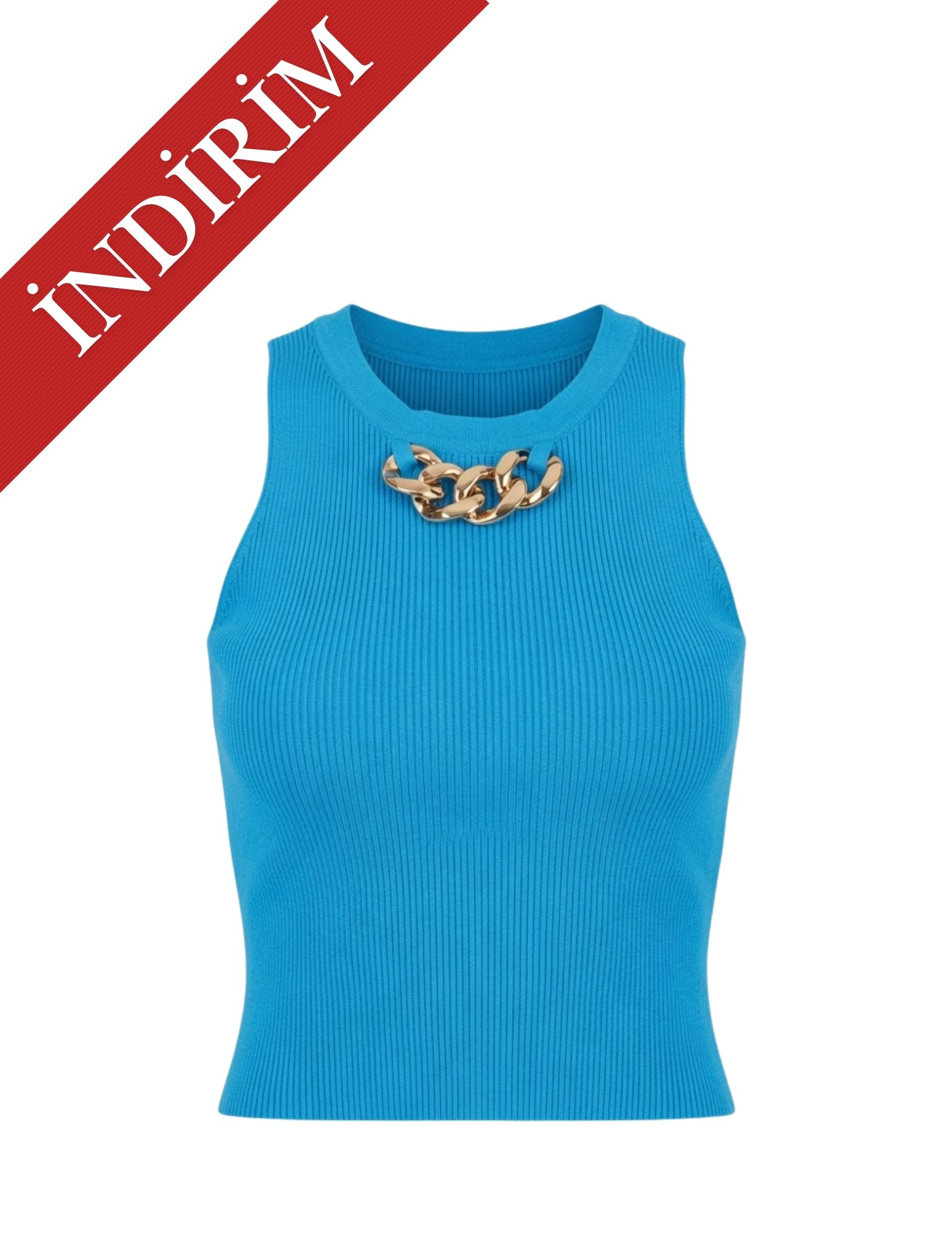 Turkuaz Gold Zincir Kolsuz Triko - OUTLET