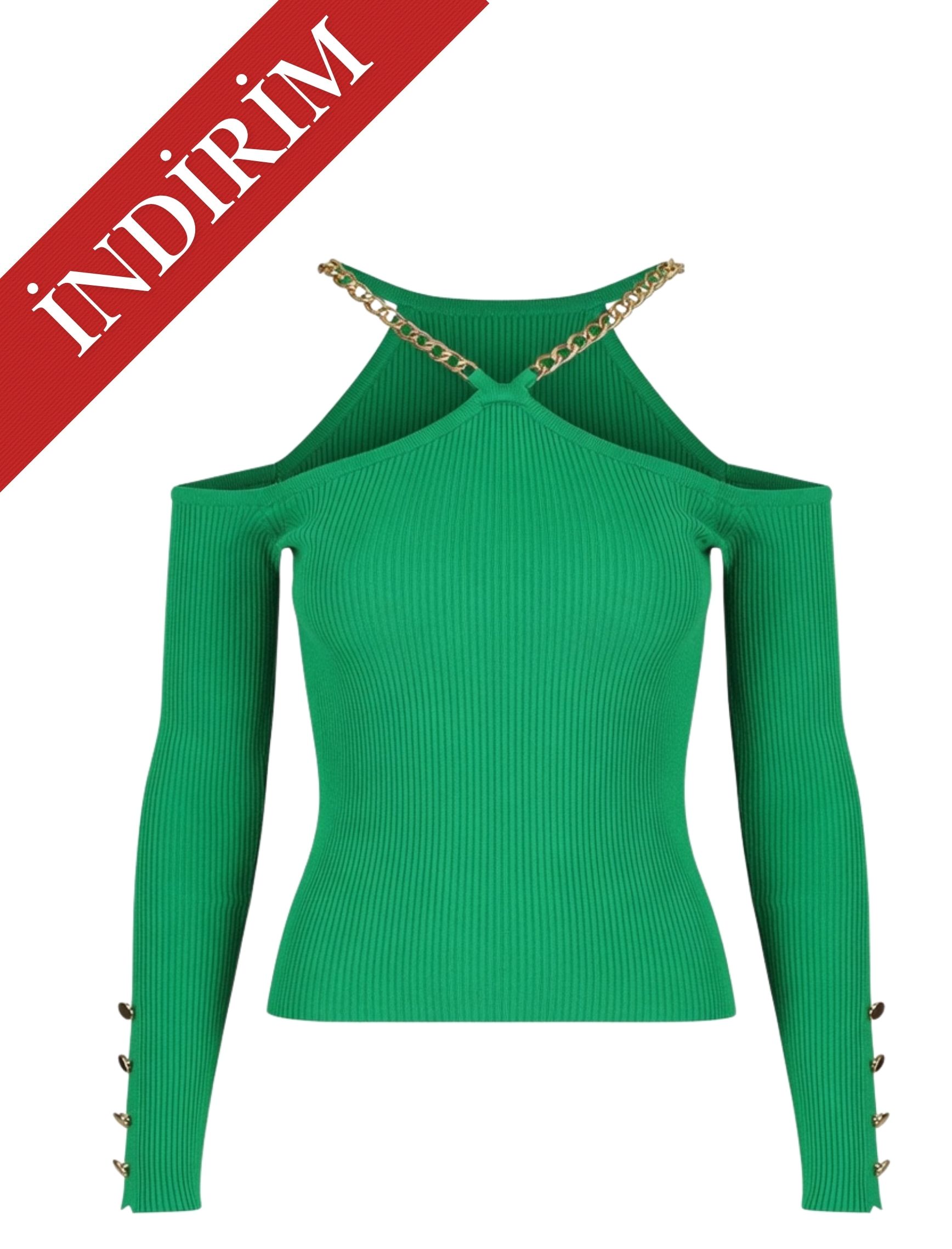 Yeşil Gold Zincir Straples Triko - OUTLET
