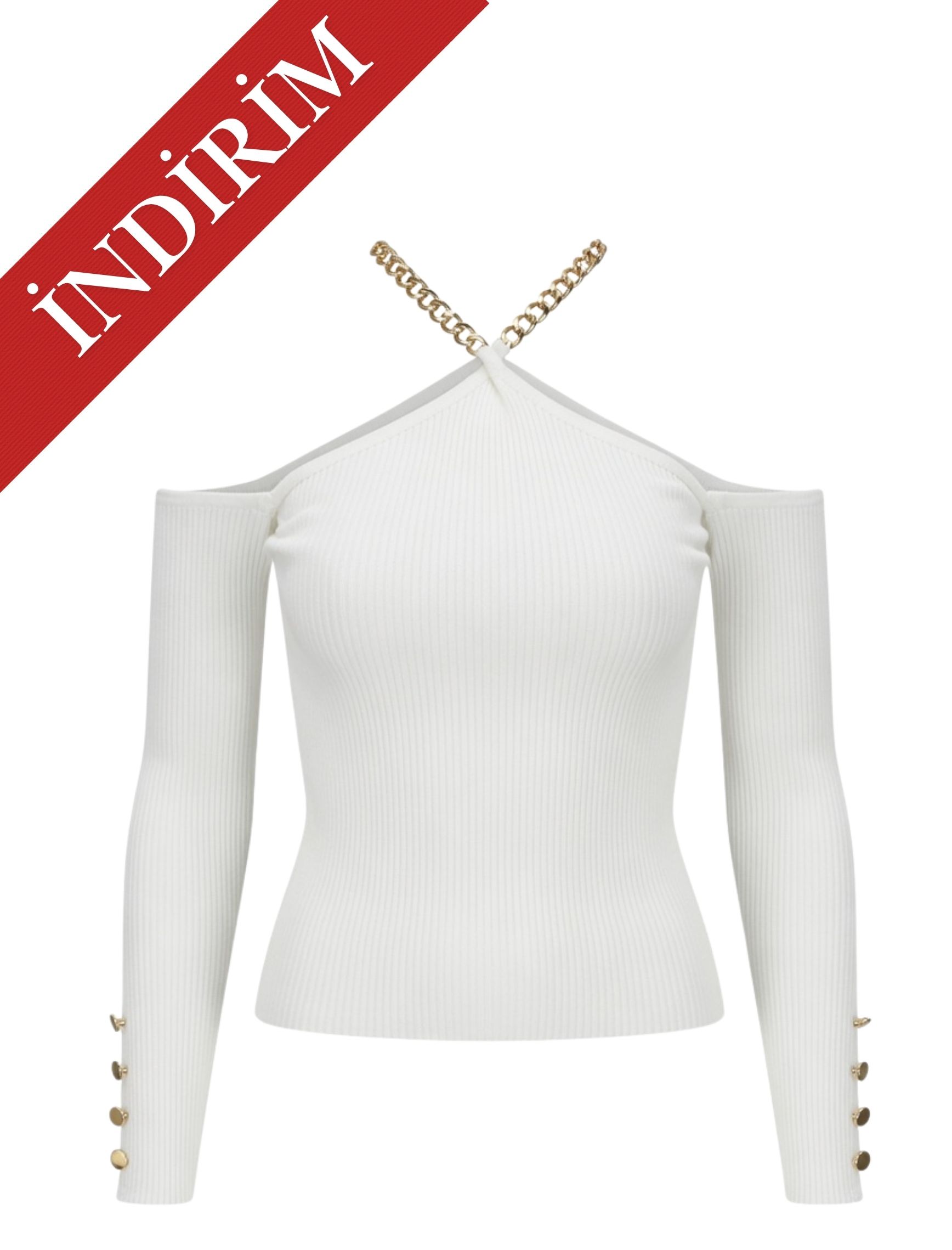 Ekru Gold Zincir Straples Triko - OUTLET