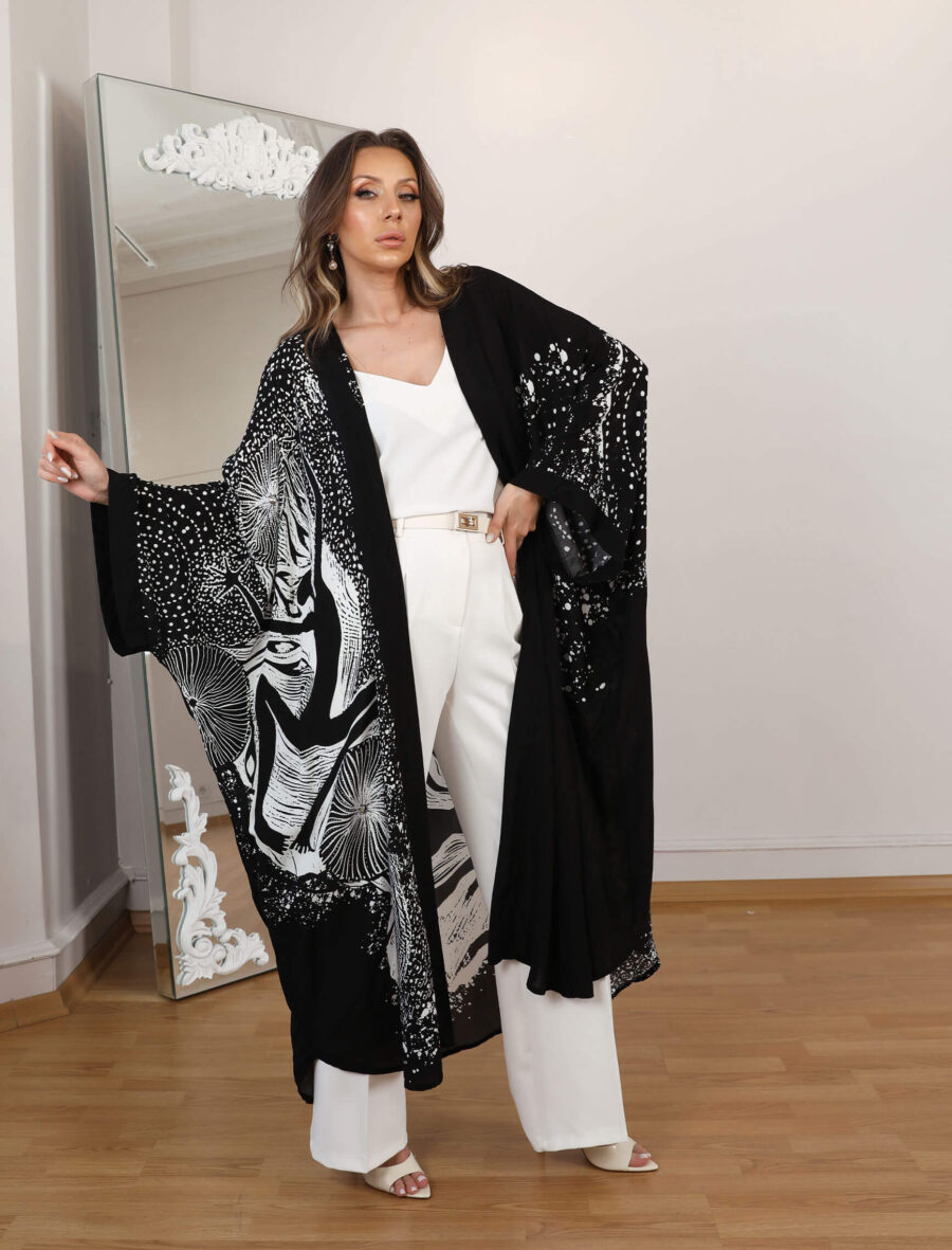 Siyah Beyaz Taşlı Etnik Kimono