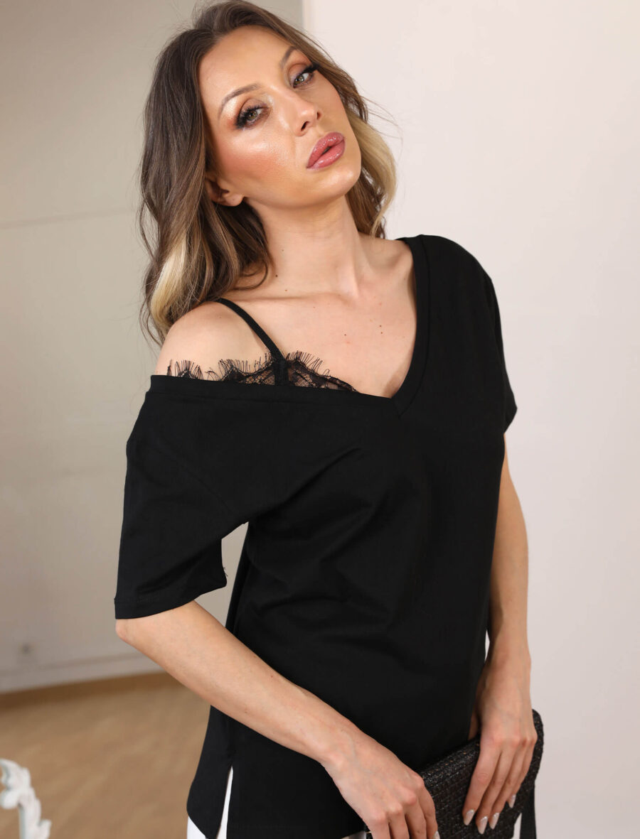 Siyah Tek Omuz Dantel Askı Tshirt - Görsel 2