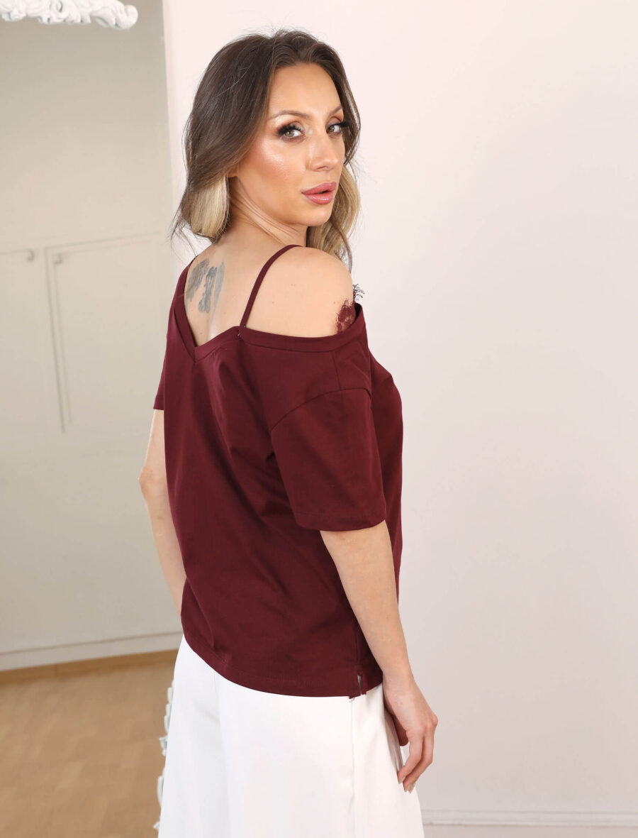 Bordo Tek Omuz Dantel Askı Tshirt - Görsel 4