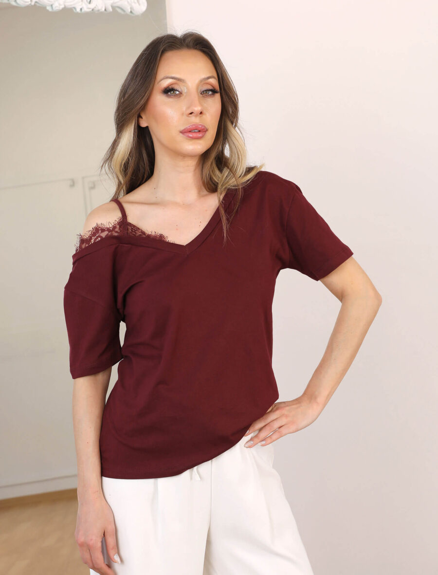 Bordo Tek Omuz Dantel Askı Tshirt