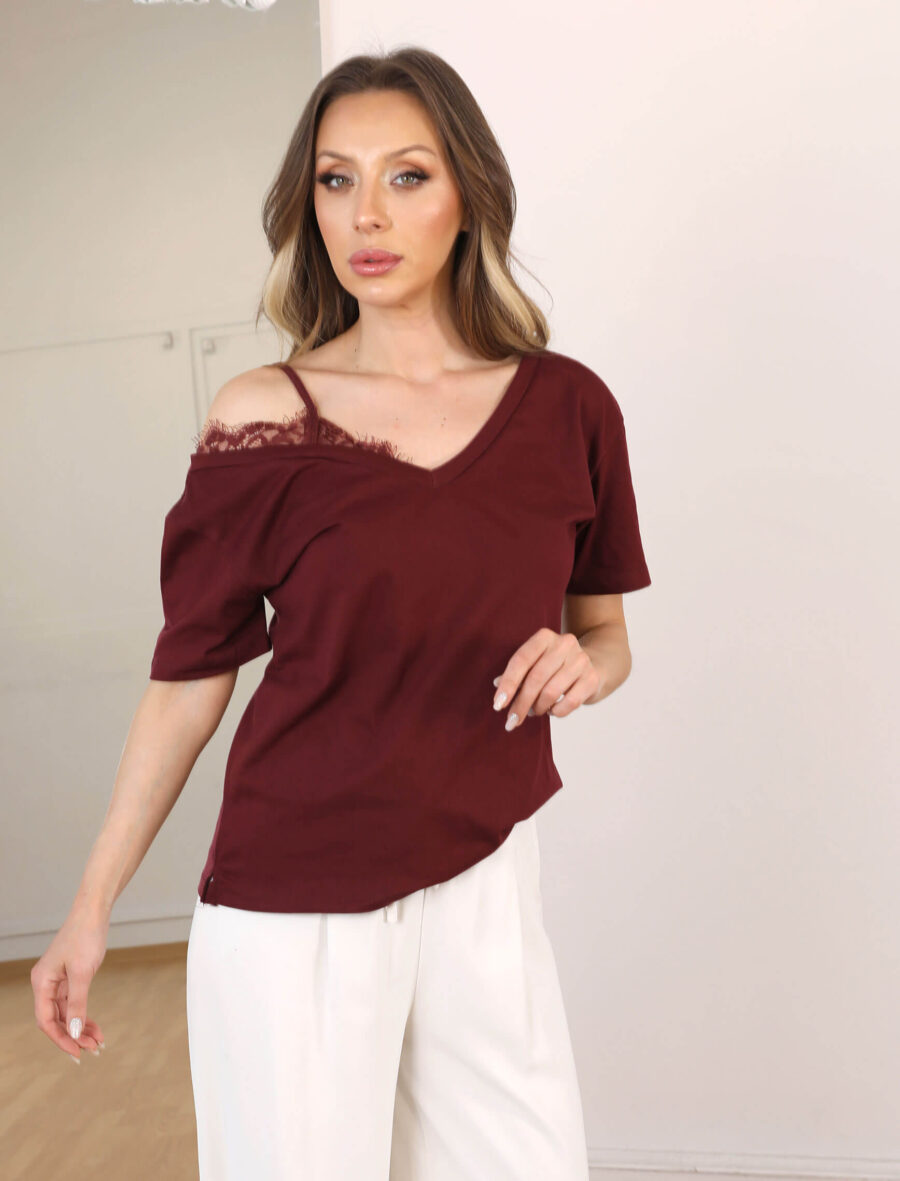 Bordo Tek Omuz Dantel Askı Tshirt - Görsel 2