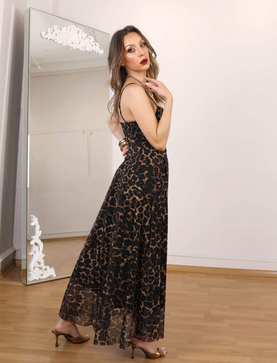 Leopar Göğüs Drape Askılı Elbise - Görsel 5