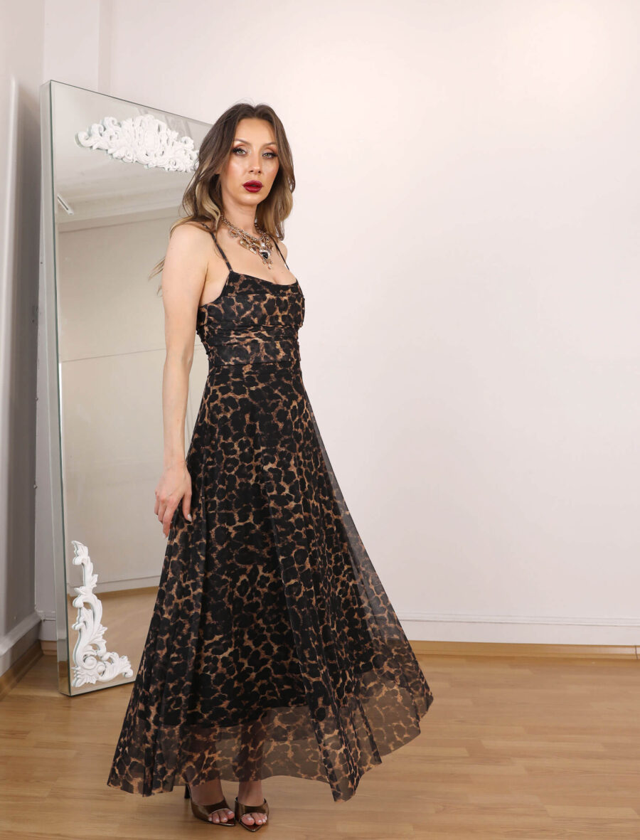 Leopar Göğüs Drape Askılı Elbise - Görsel 2