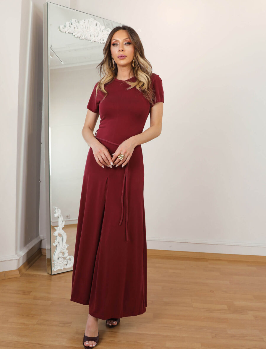 Bordo Kordon Kuşak Elbise - Görsel 2
