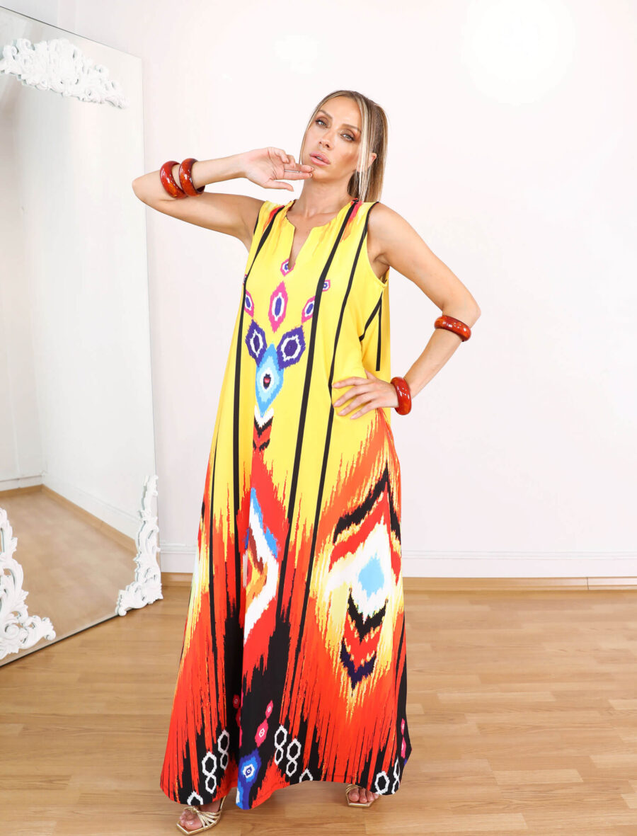 Sarı Etnik Popart Elbise