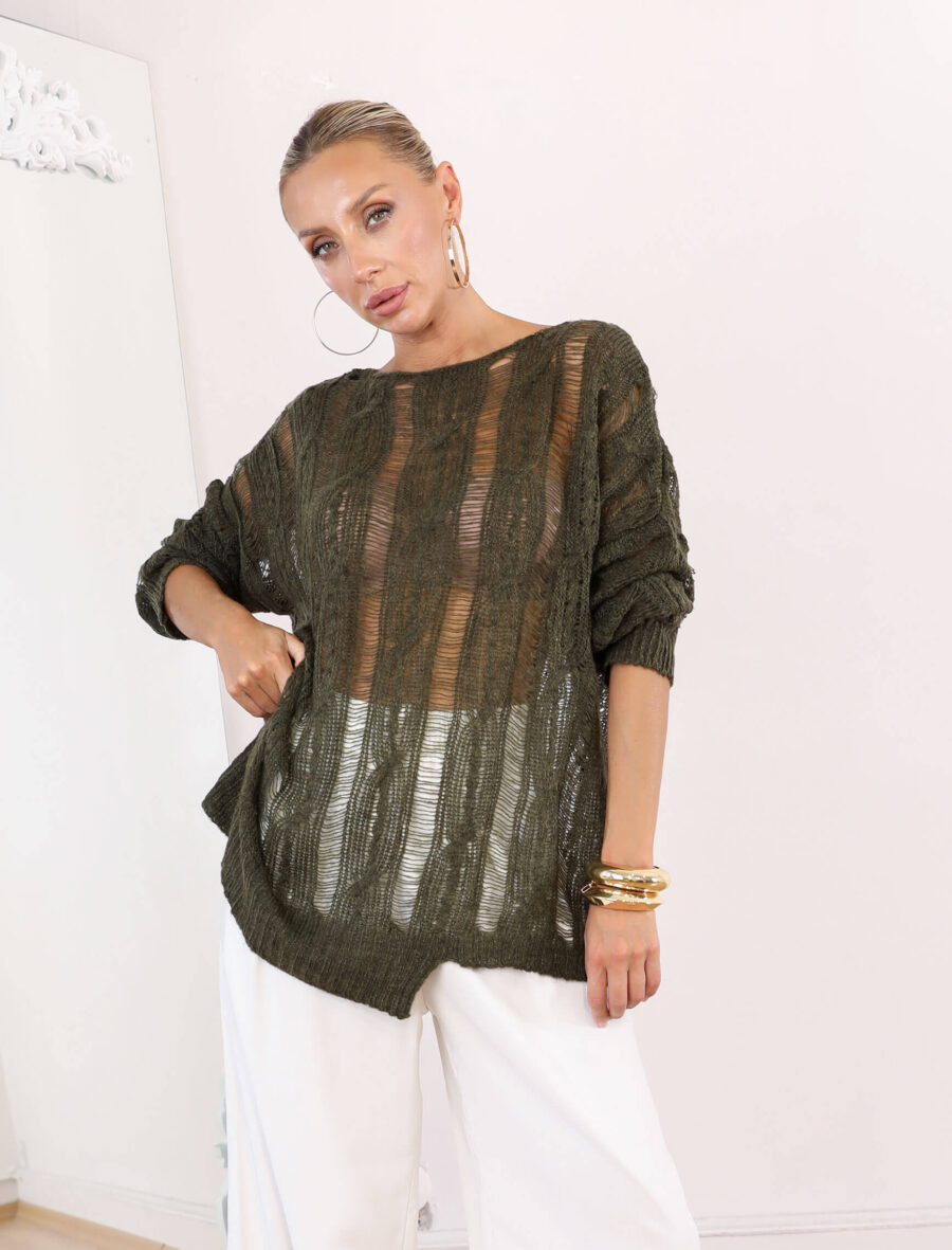 Haki Ajurlu Oversize Triko