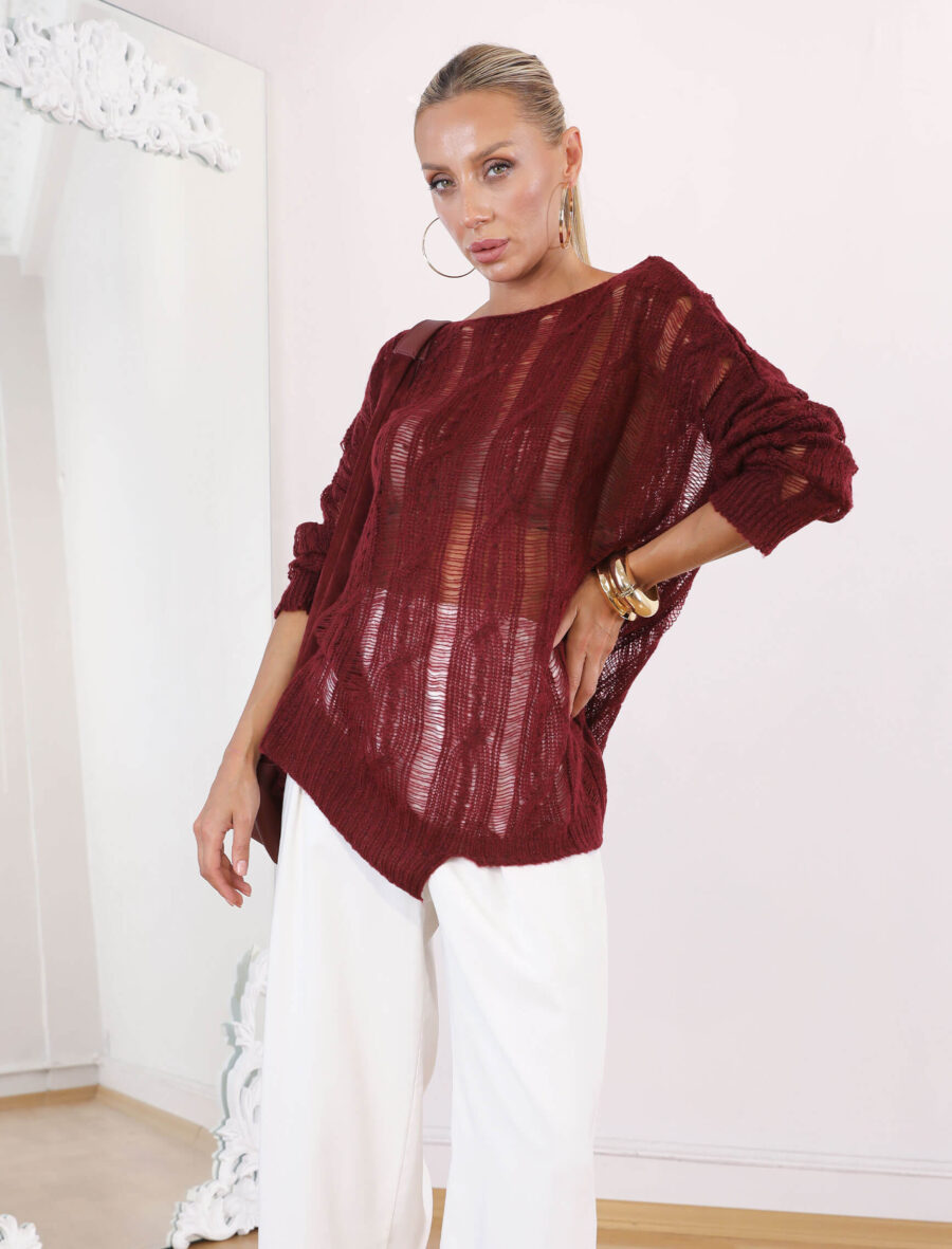 Bordo Ajurlu Oversize Triko - Görsel 3