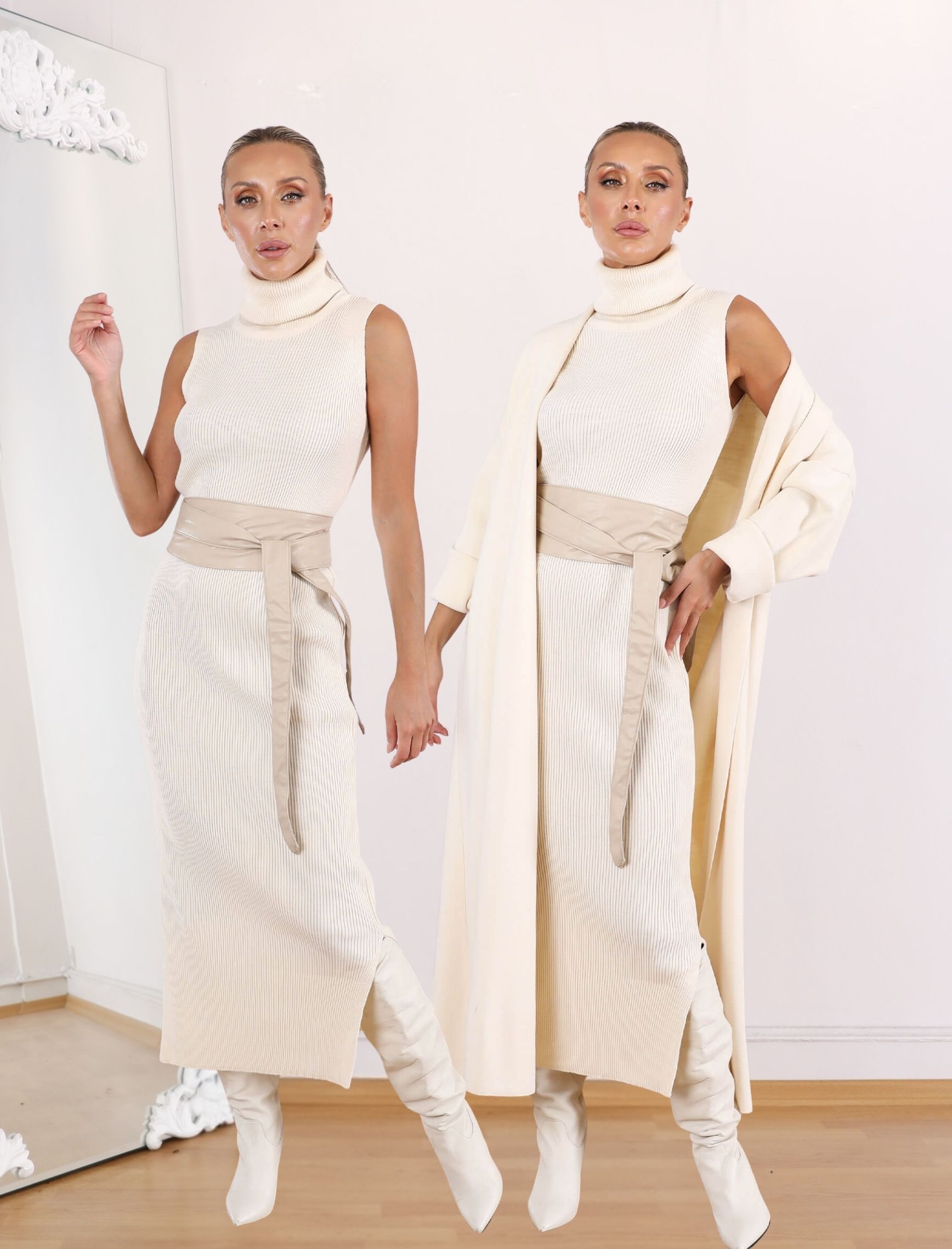 Ekru Yuka Elbise-Hırka Takım