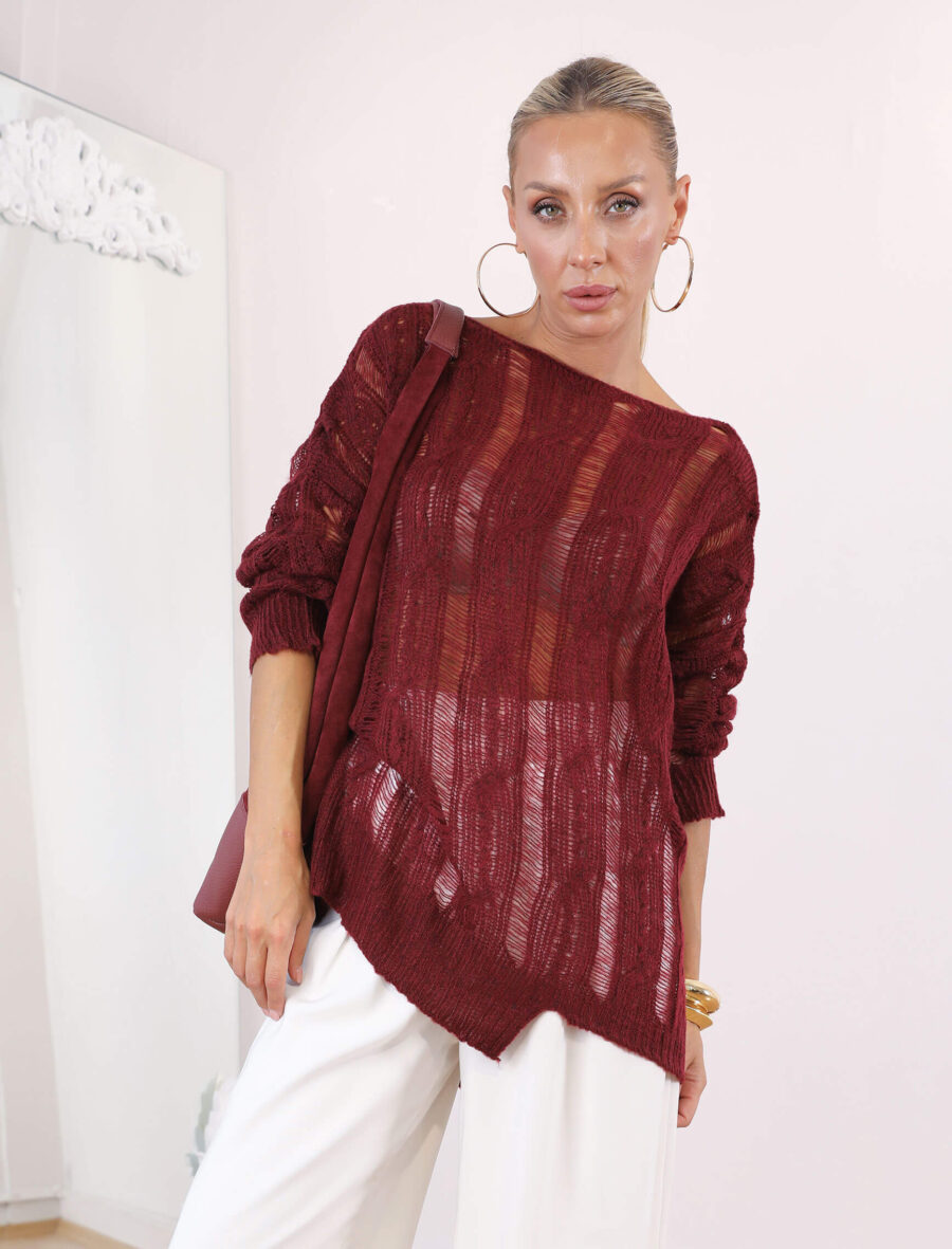 Bordo Ajurlu Oversize Triko