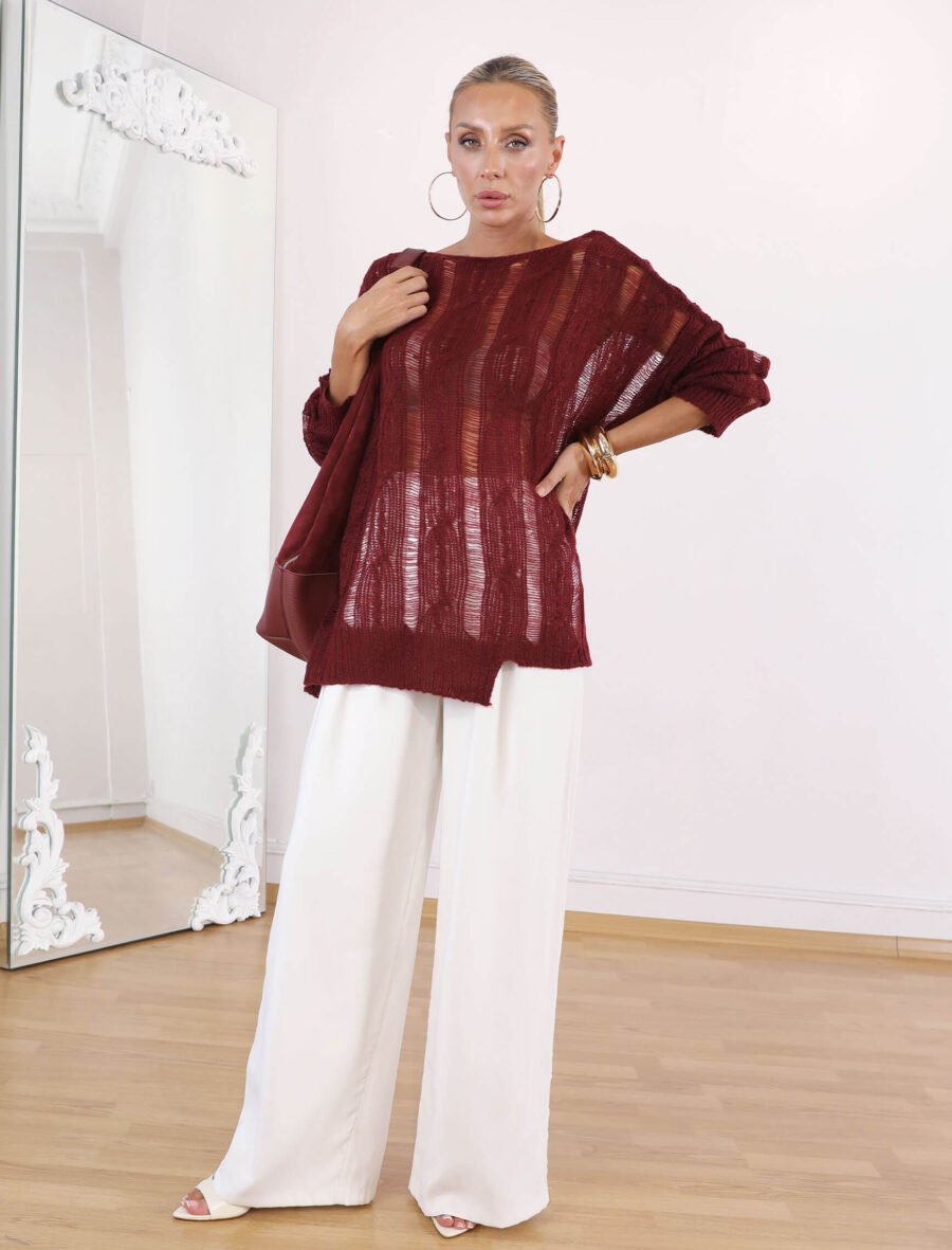 Bordo Ajurlu Oversize Triko - Görsel 2