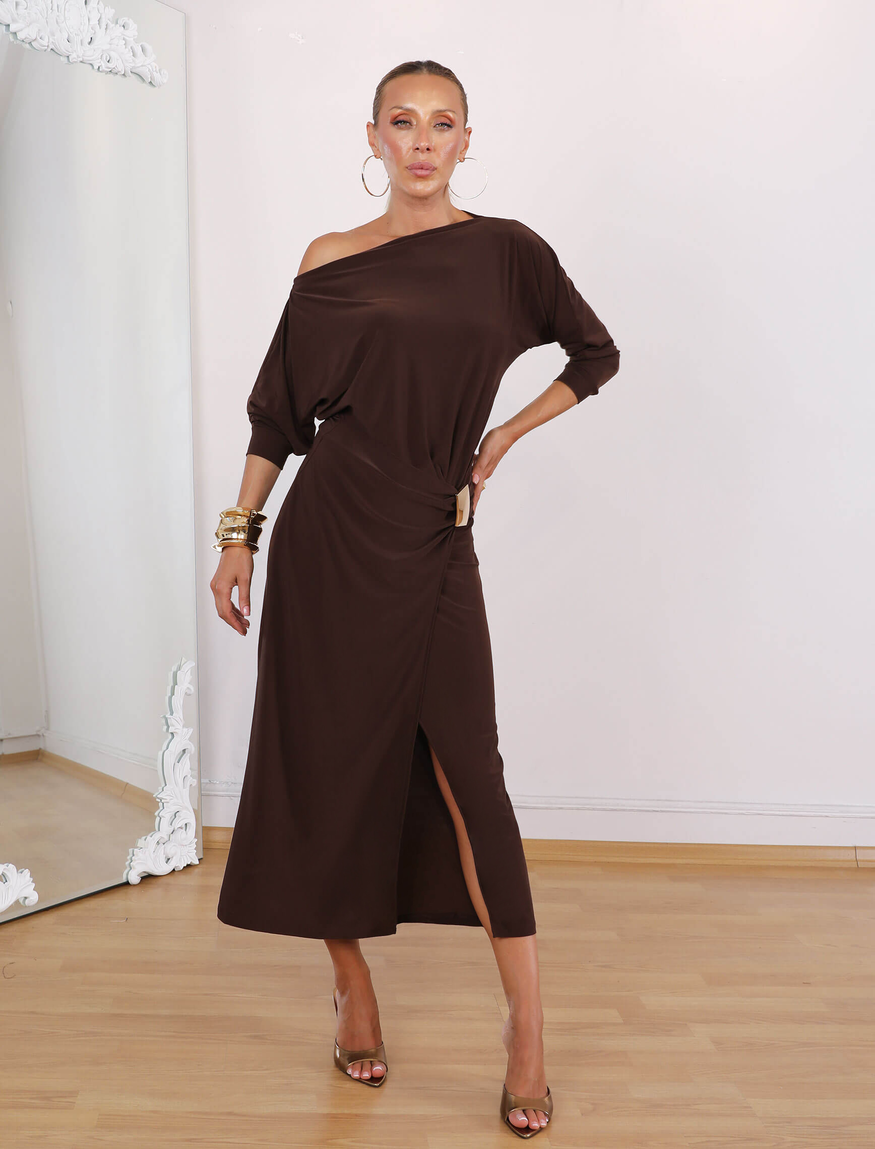 Kahve Uzun Kol Belinda Elbise