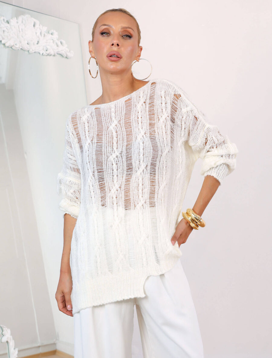 Ekru Ajurlu Oversize Triko