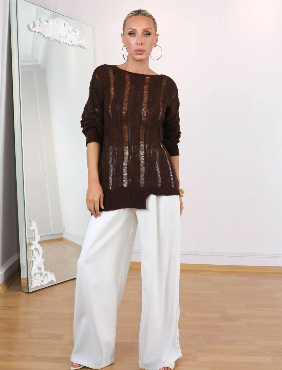 Kahve Ajurlu Oversize Triko - Görsel 4
