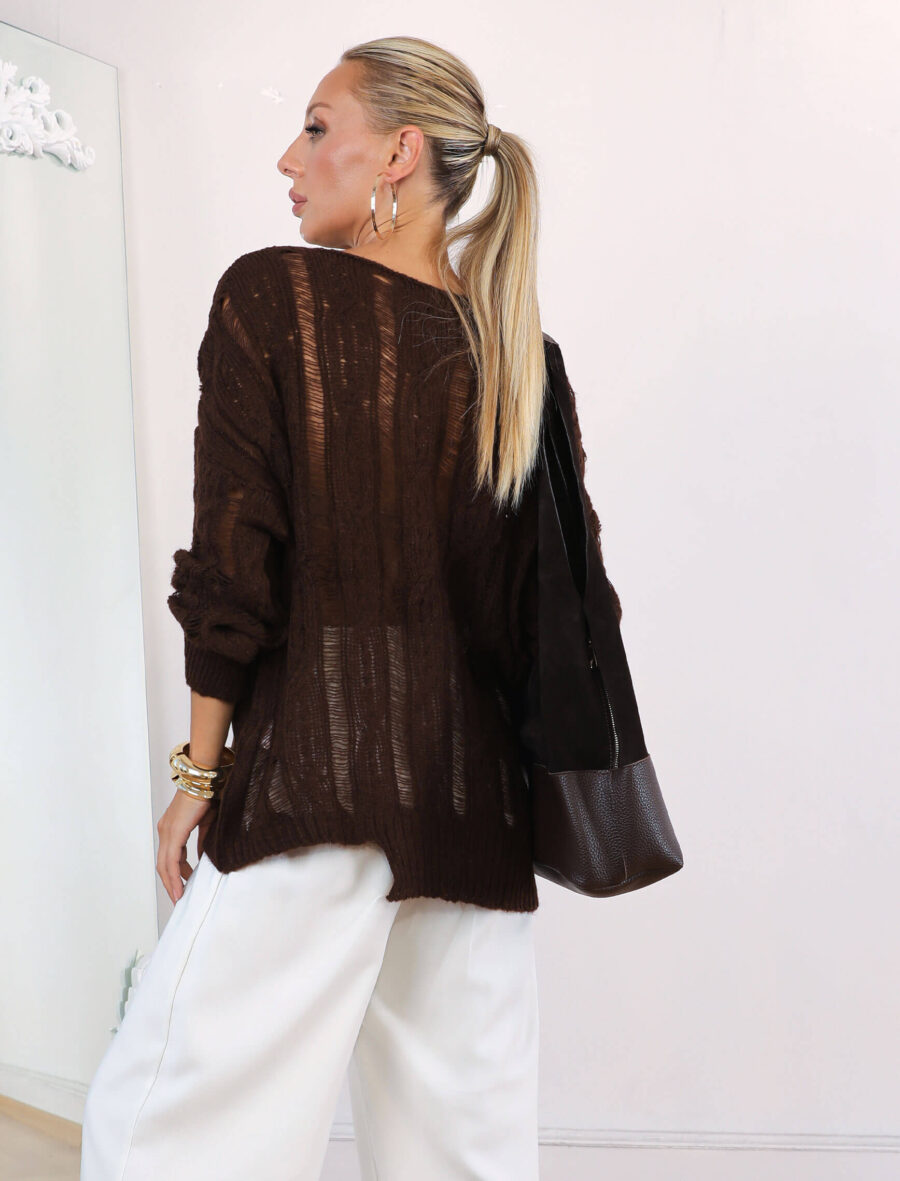 Kahve Ajurlu Oversize Triko - Görsel 3