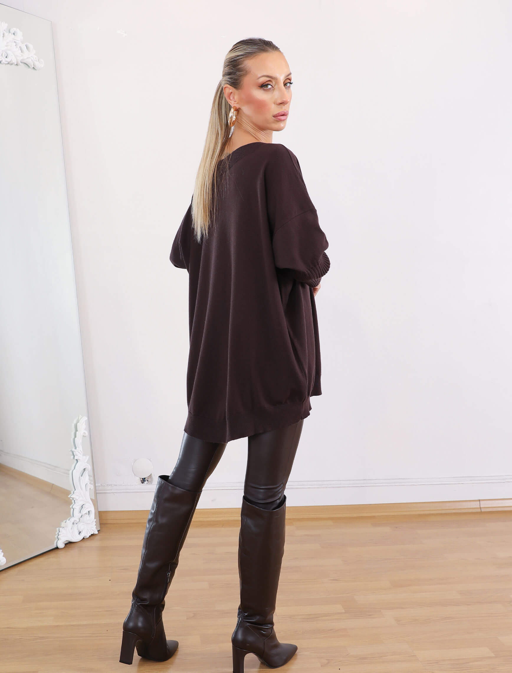 Koyu Kahve Kayık Yaka Boho Triko - Görsel 4