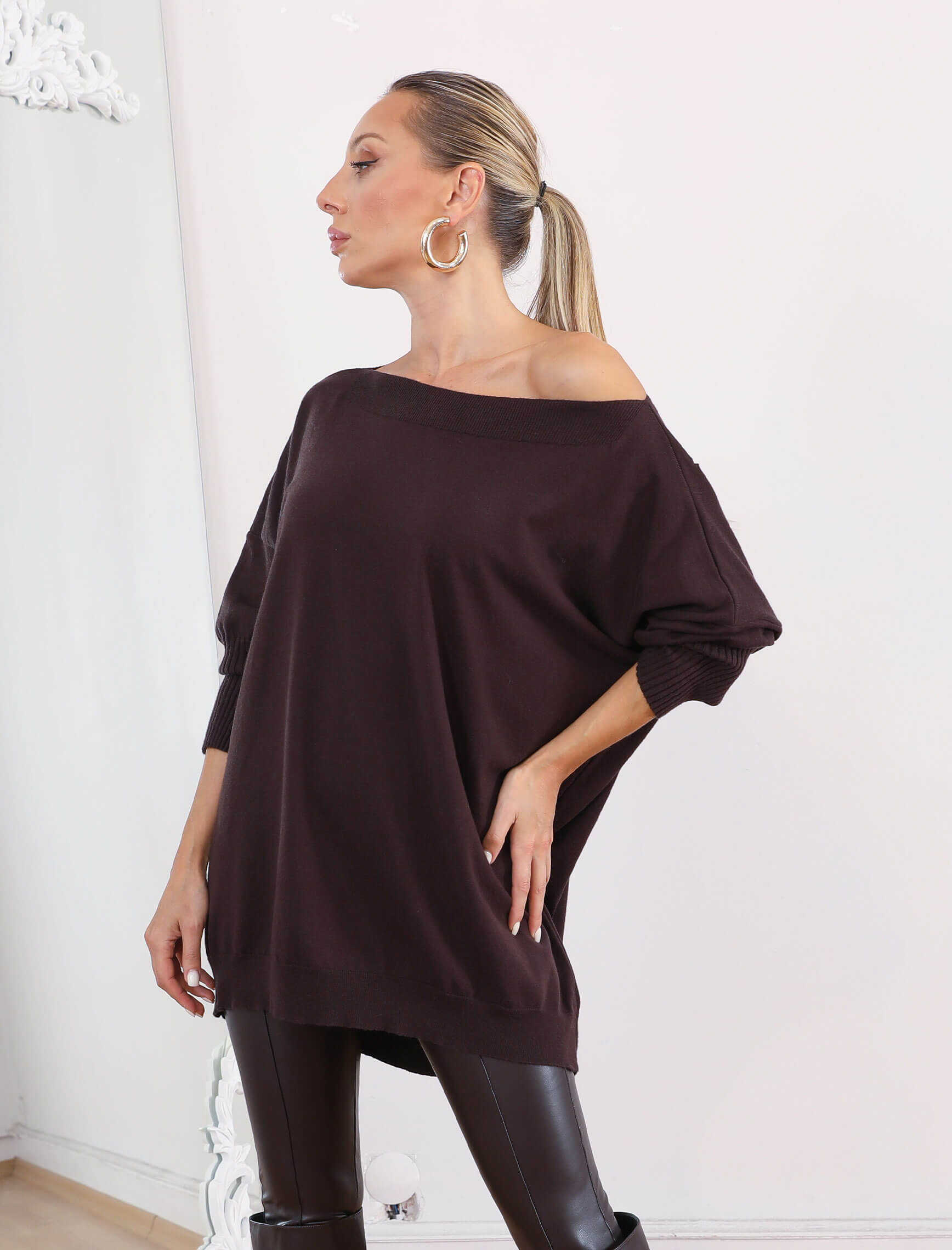 Koyu Kahve Kayık Yaka Boho Triko - Görsel 3