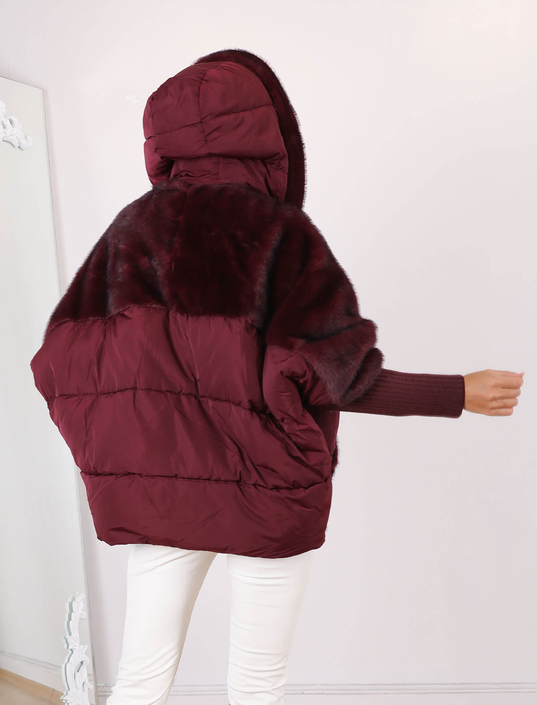 Bordo Puffer-Kürk Mont - Görsel 6