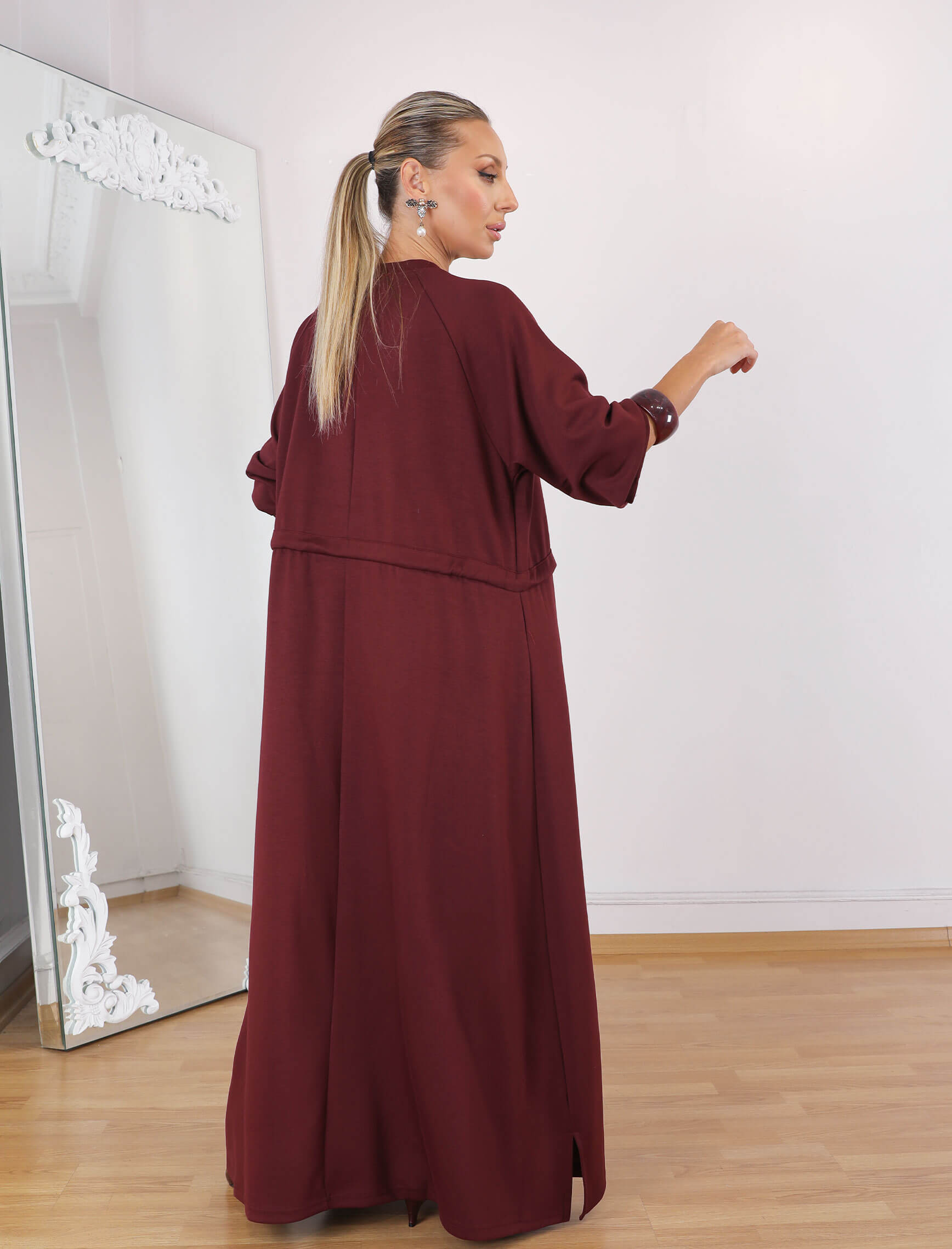 Bordo Bel Büzgülü Tina Elbise - Görsel 3