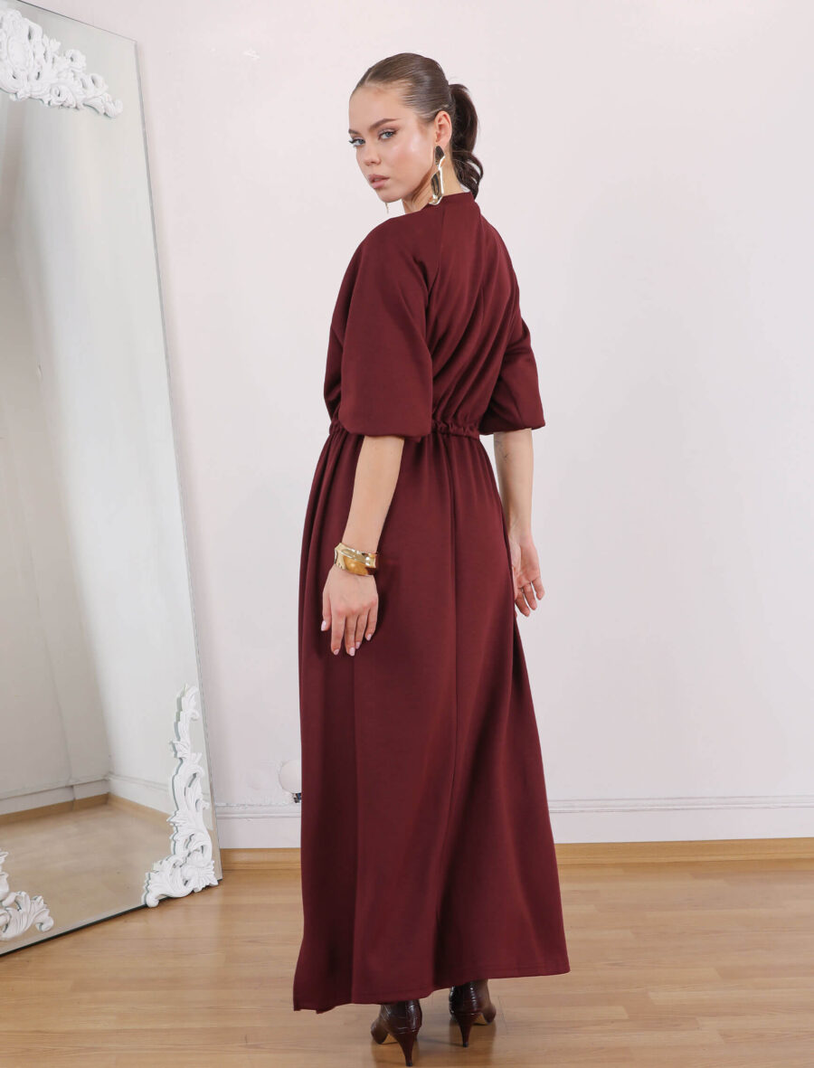Bordo Bel Büzgülü Tina Elbise - Görsel 5