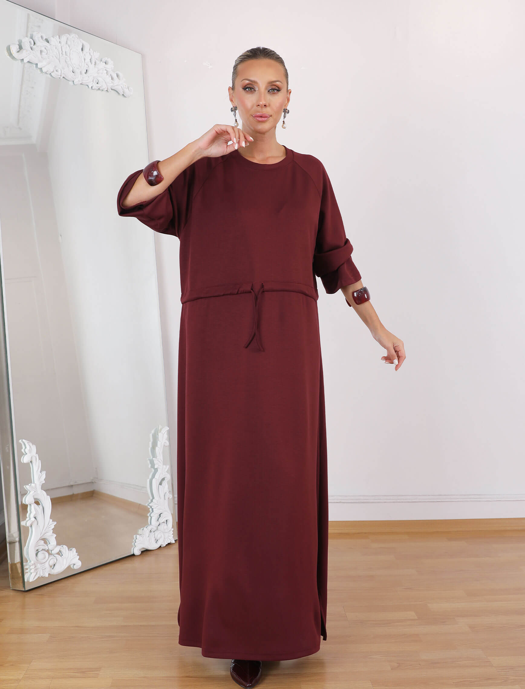 Bordo Bel Büzgülü Tina Elbise - Görsel 2