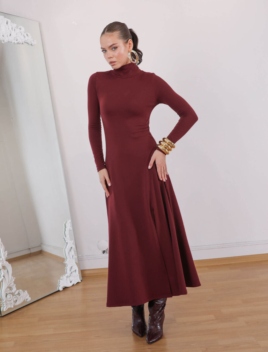 Bordo Boğazlı Yan Yırtmaç Elbise - Görsel 3