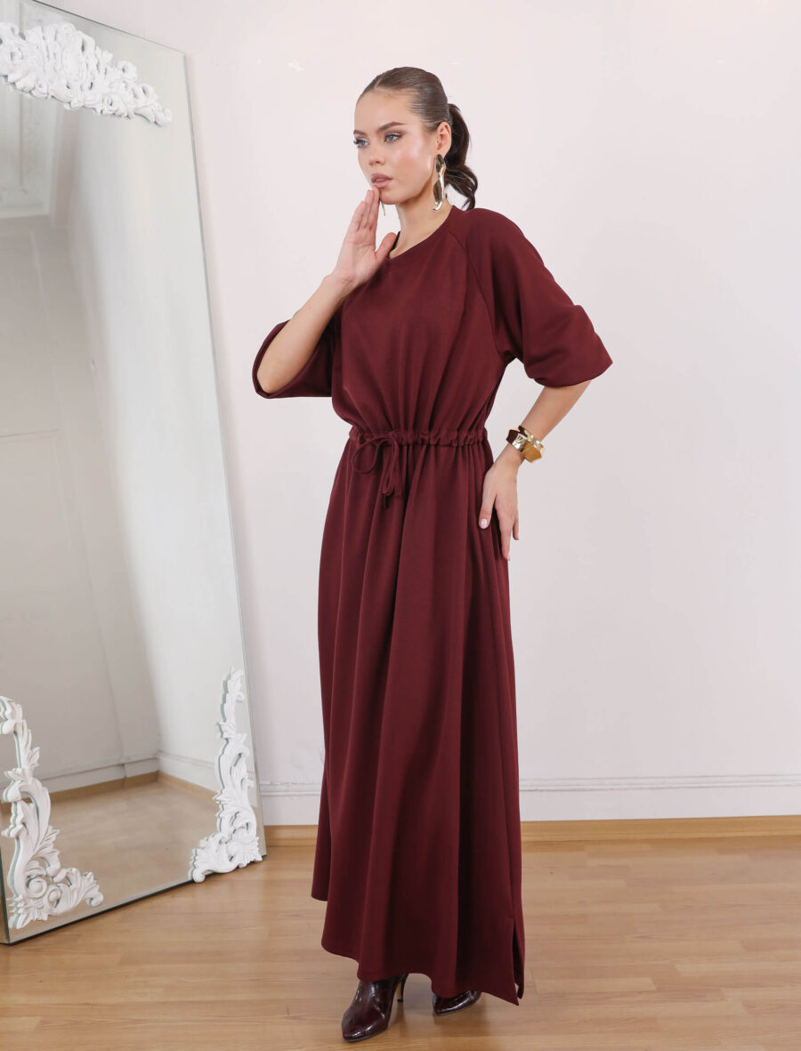 Bordo Bel Büzgülü Tina Elbise - Görsel 4