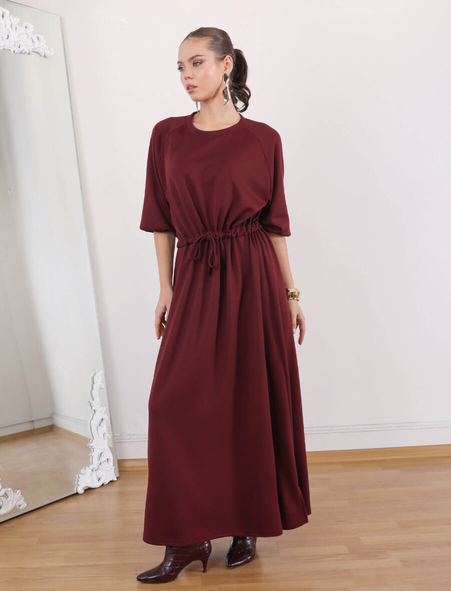 Bordo Bel Büzgülü Tina Elbise