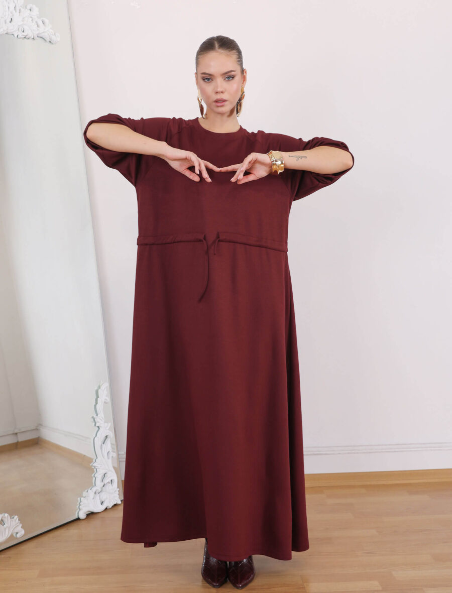 Bordo Bel Büzgülü Tina Elbise - Görsel 3