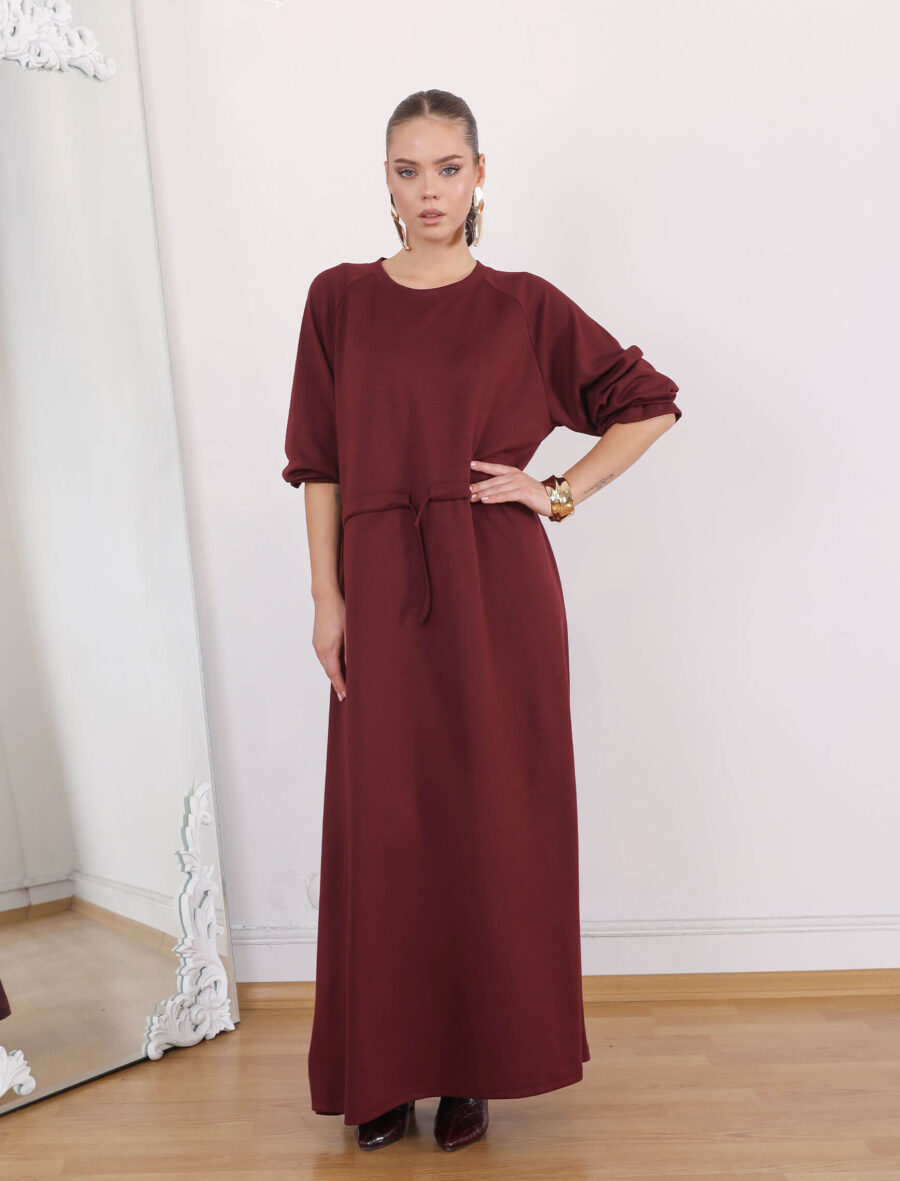 Bordo Bel Büzgülü Tina Elbise - Görsel 2