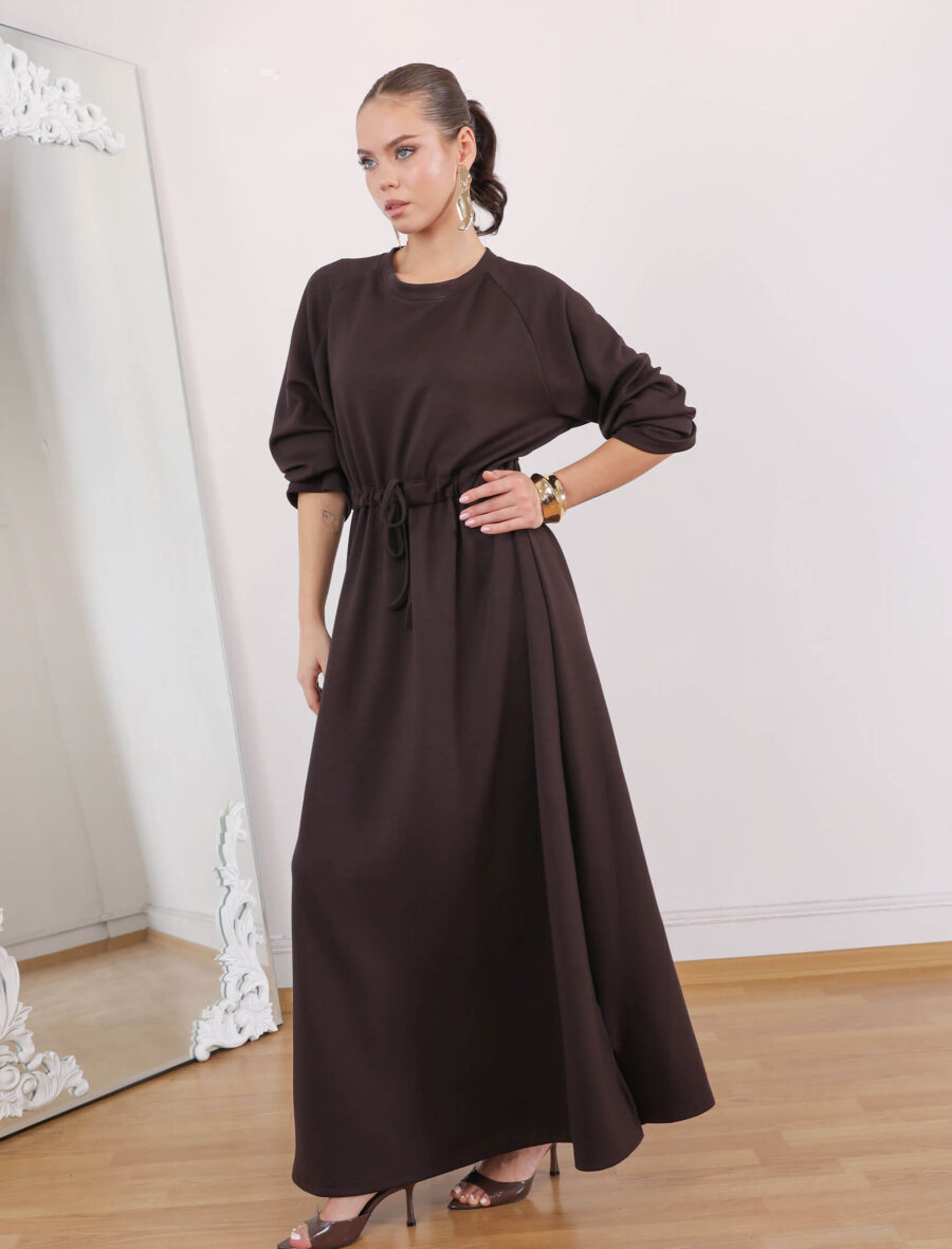 Kahve Bel Büzgülü Tina Elbise - Görsel 6