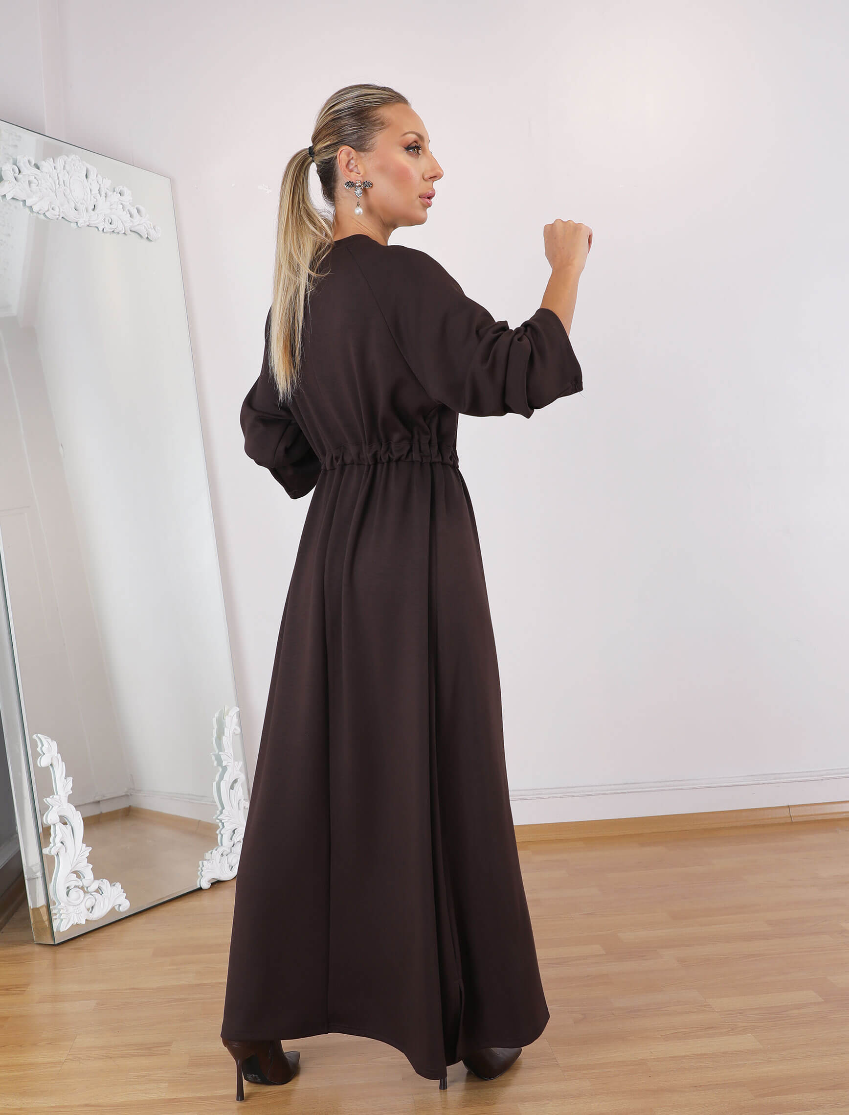 Kahve Bel Büzgülü Tina Elbise - Görsel 5