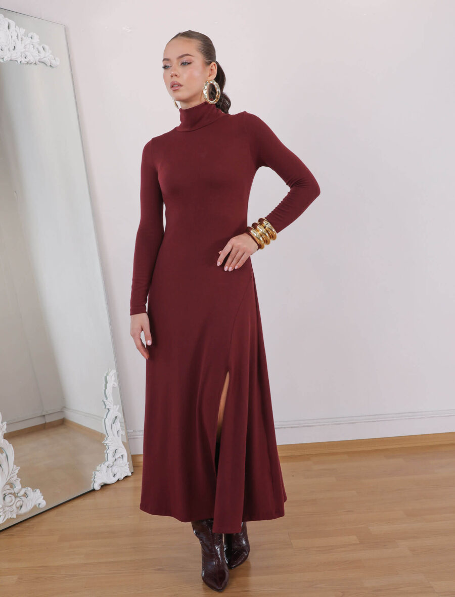 Bordo Boğazlı Yan Yırtmaç Elbise - Görsel 2