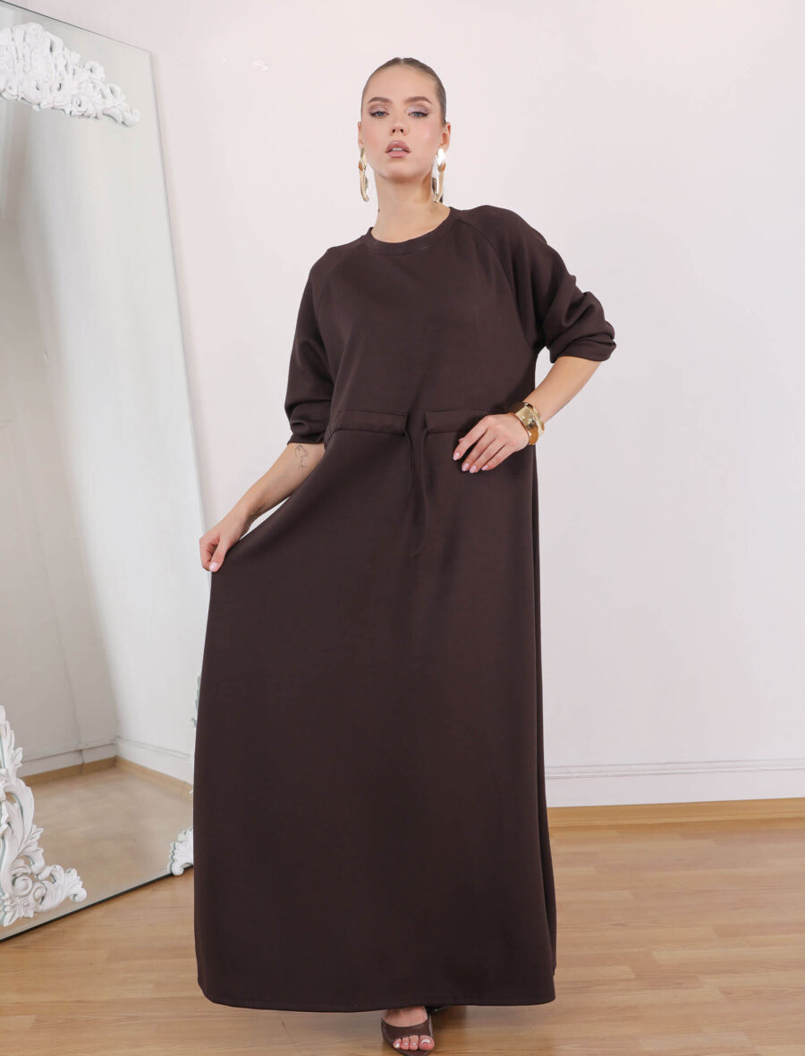 Kahve Bel Büzgülü Tina Elbise - Görsel 3