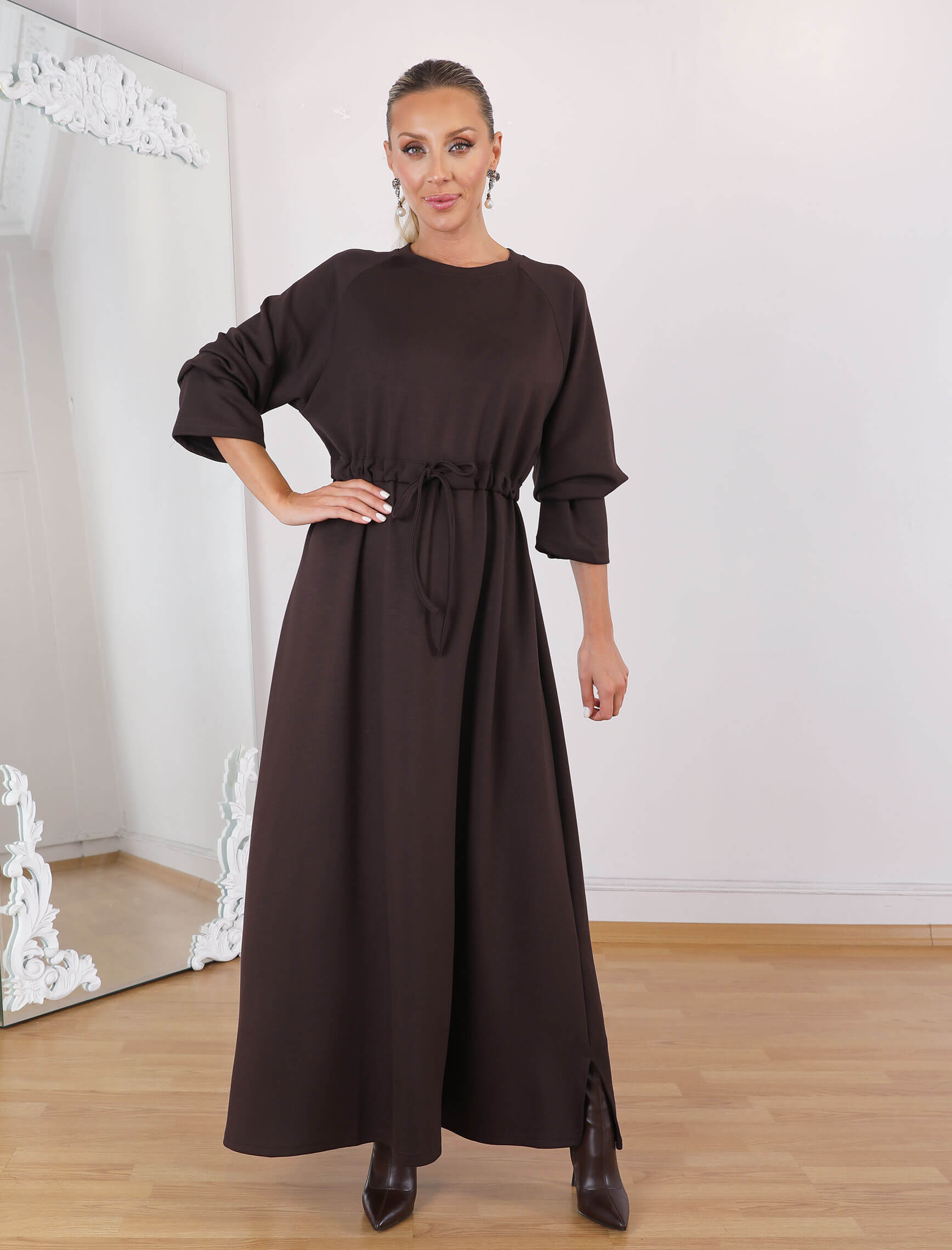 Kahve Bel Büzgülü Tina Elbise