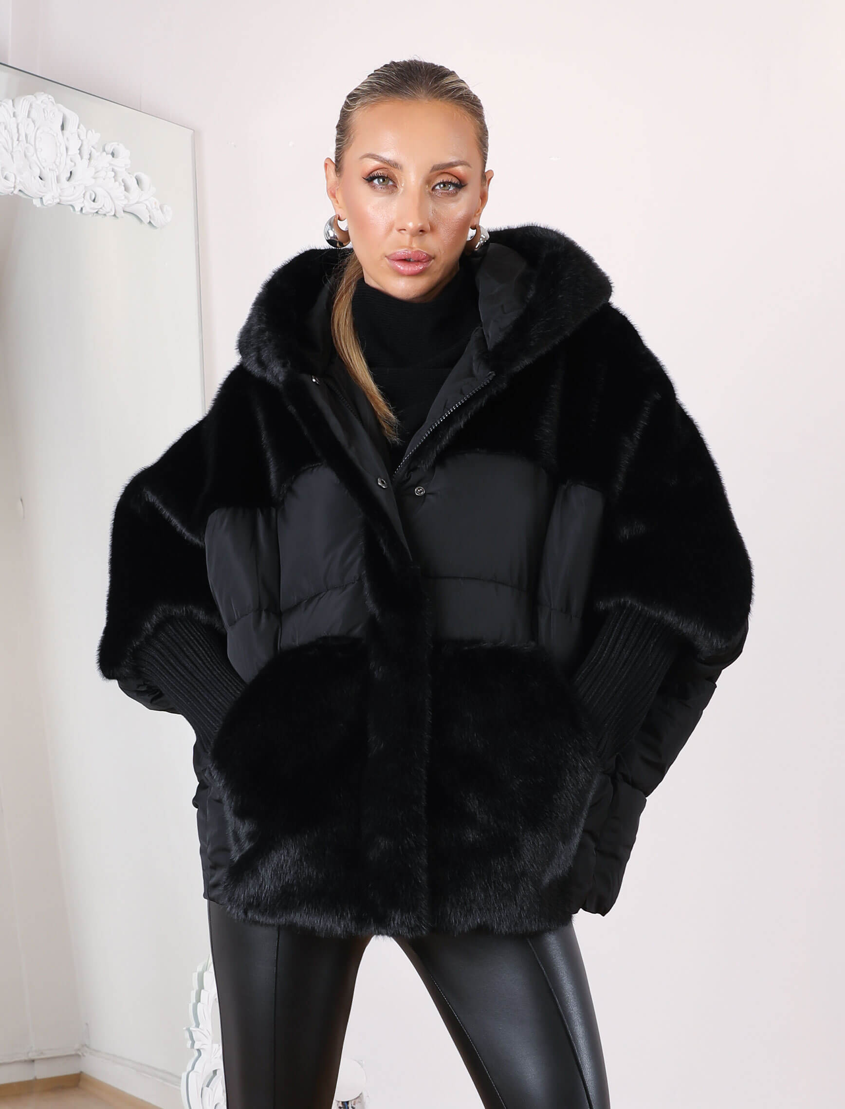 Siyah Puffer-Kürk Mont - Görsel 5