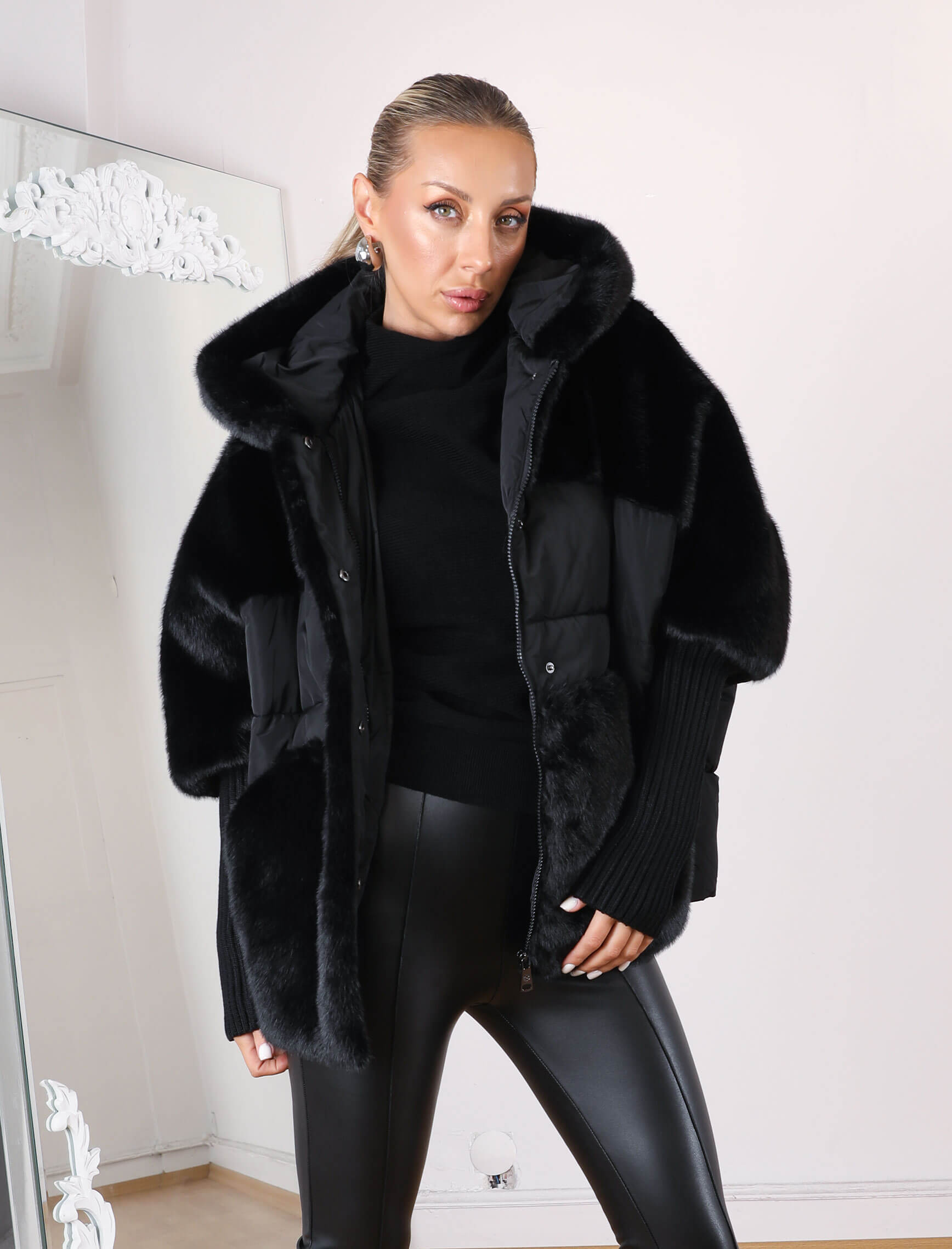 Siyah Puffer-Kürk Mont - Görsel 4