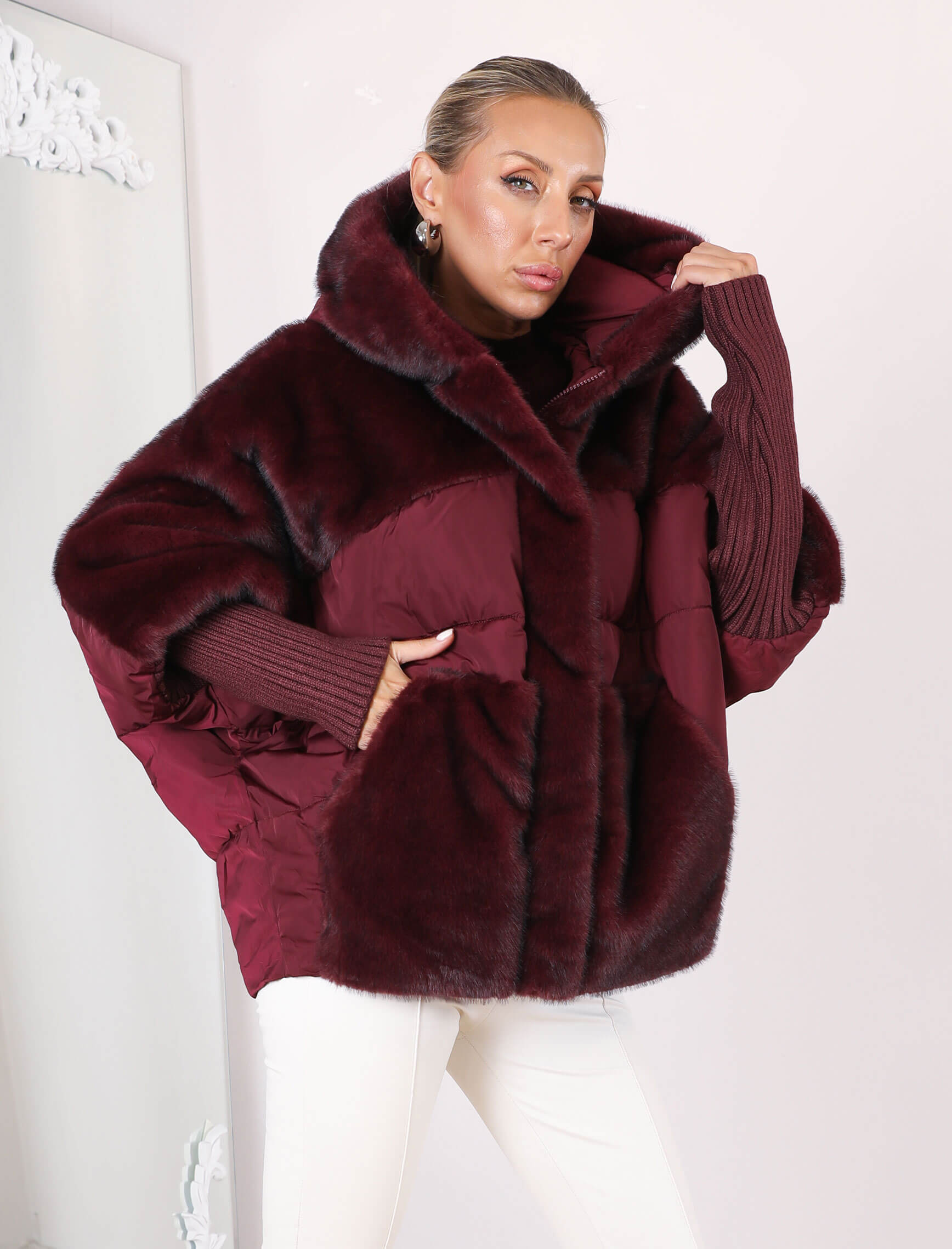 Bordo Puffer-Kürk Mont - Görsel 5