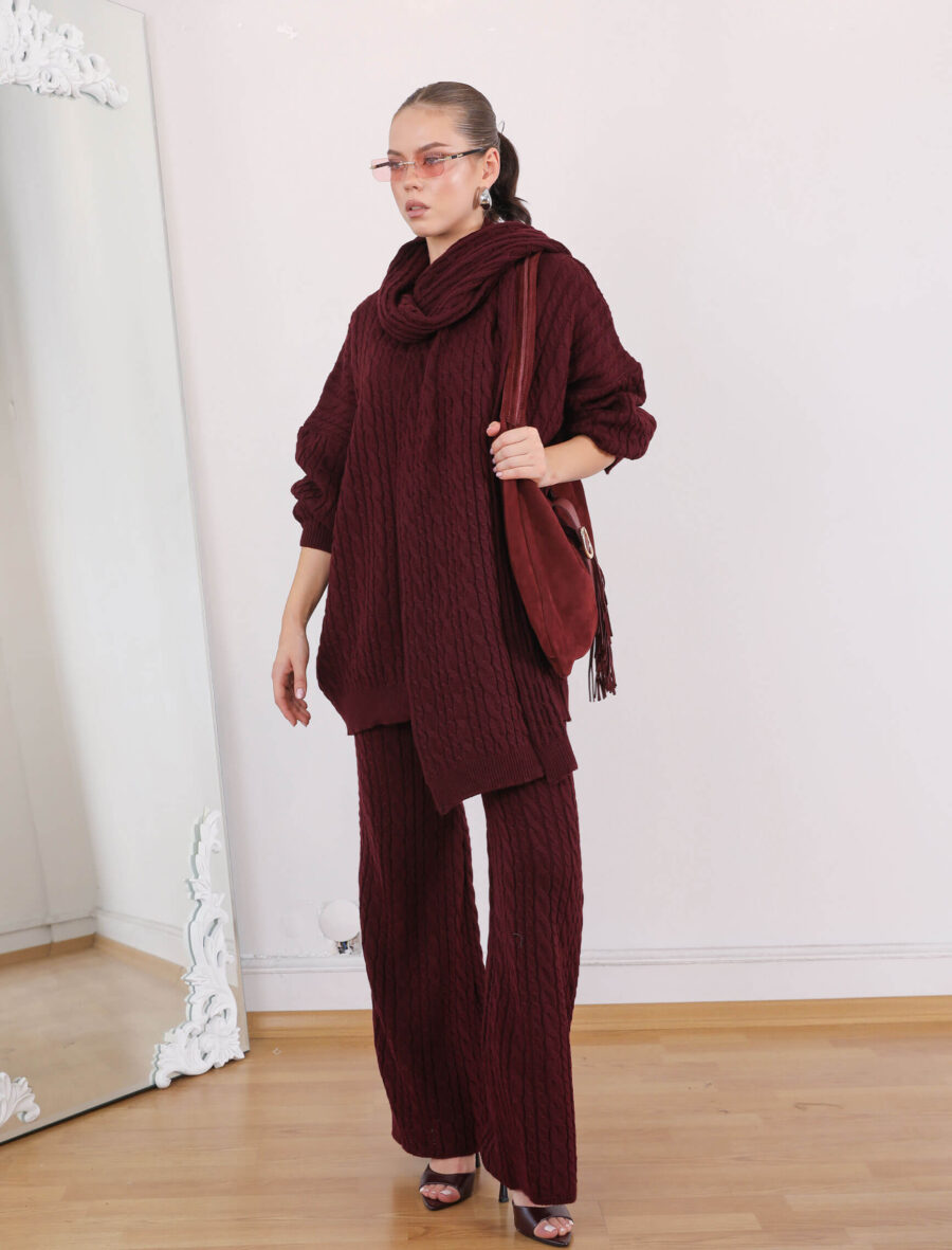 Bordo Saç Örgü Atkılı Takım - Görsel 4