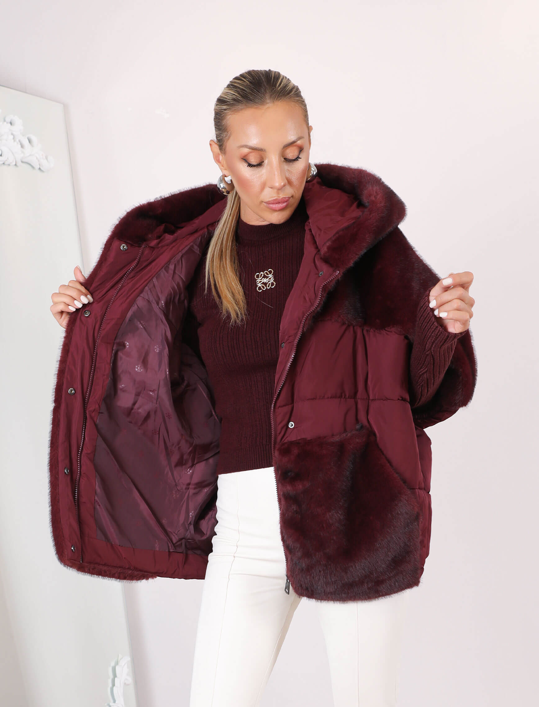 Bordo Puffer-Kürk Mont - Görsel 4