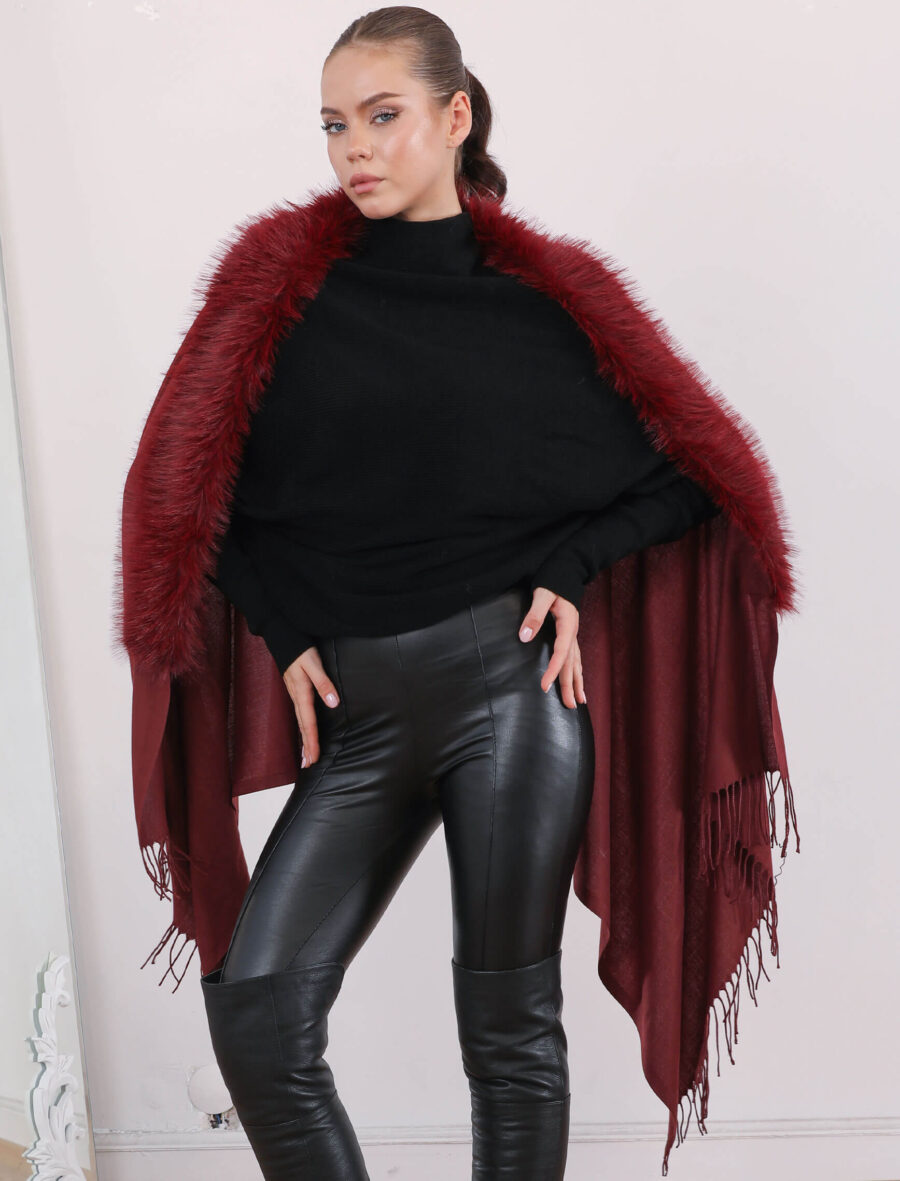 Bordo Kürklü Şal - Görsel 2