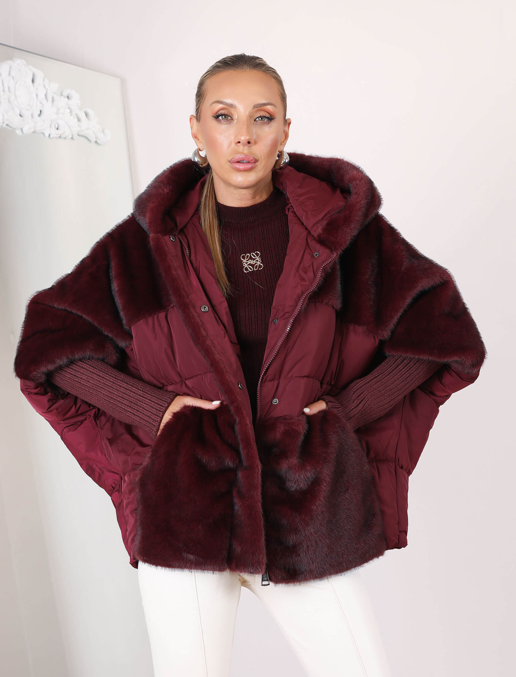 Bordo Puffer-Kürk Mont - Görsel 2