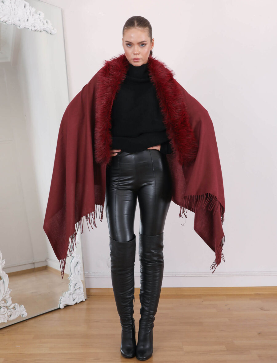 Bordo Kürklü Şal