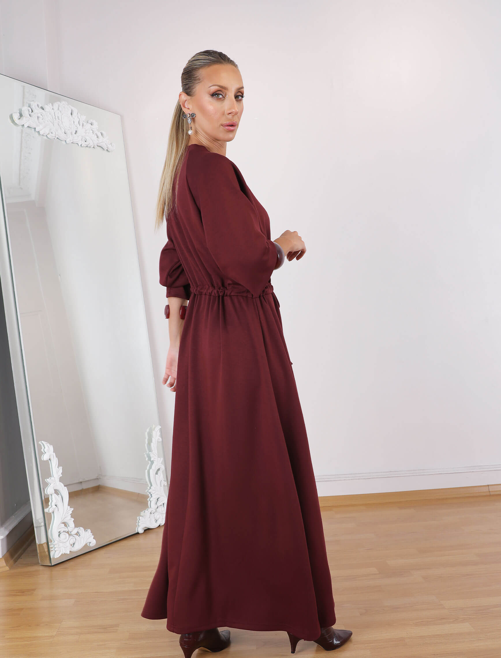 Bordo Bel Büzgülü Tina Elbise - Görsel 6