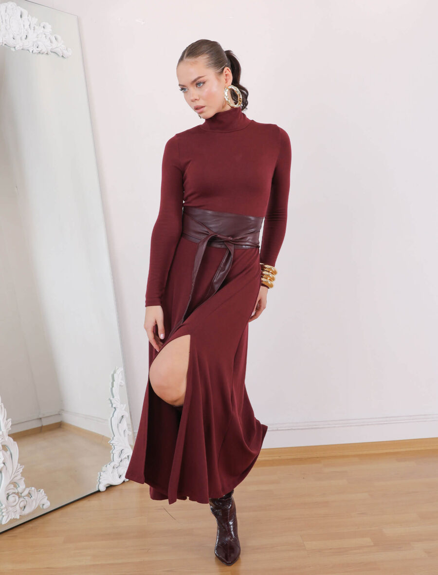 Bordo Boğazlı Yan Yırtmaç Elbise - Görsel 6