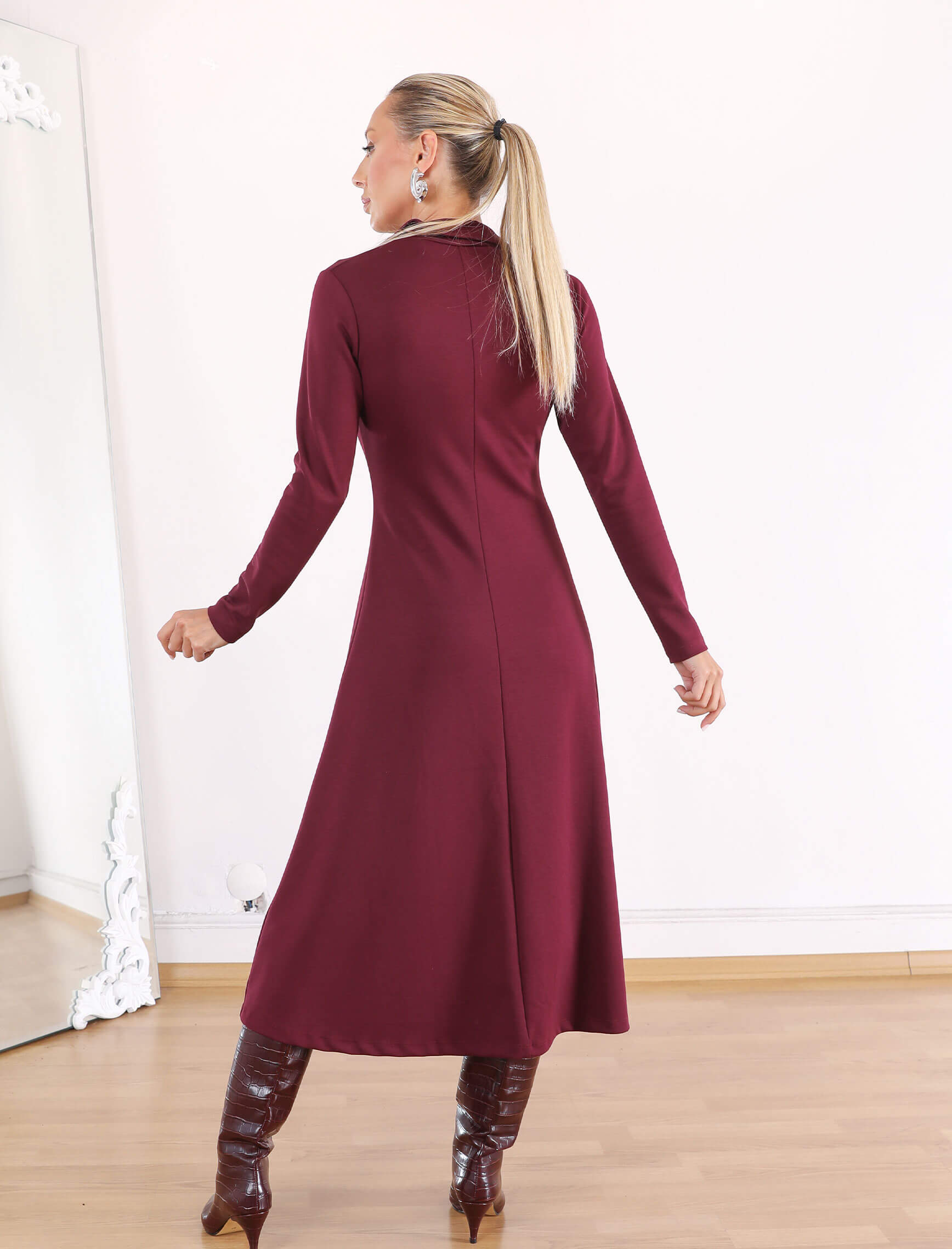 Bordo Çift Fermuar Jina Elbise - Görsel 4