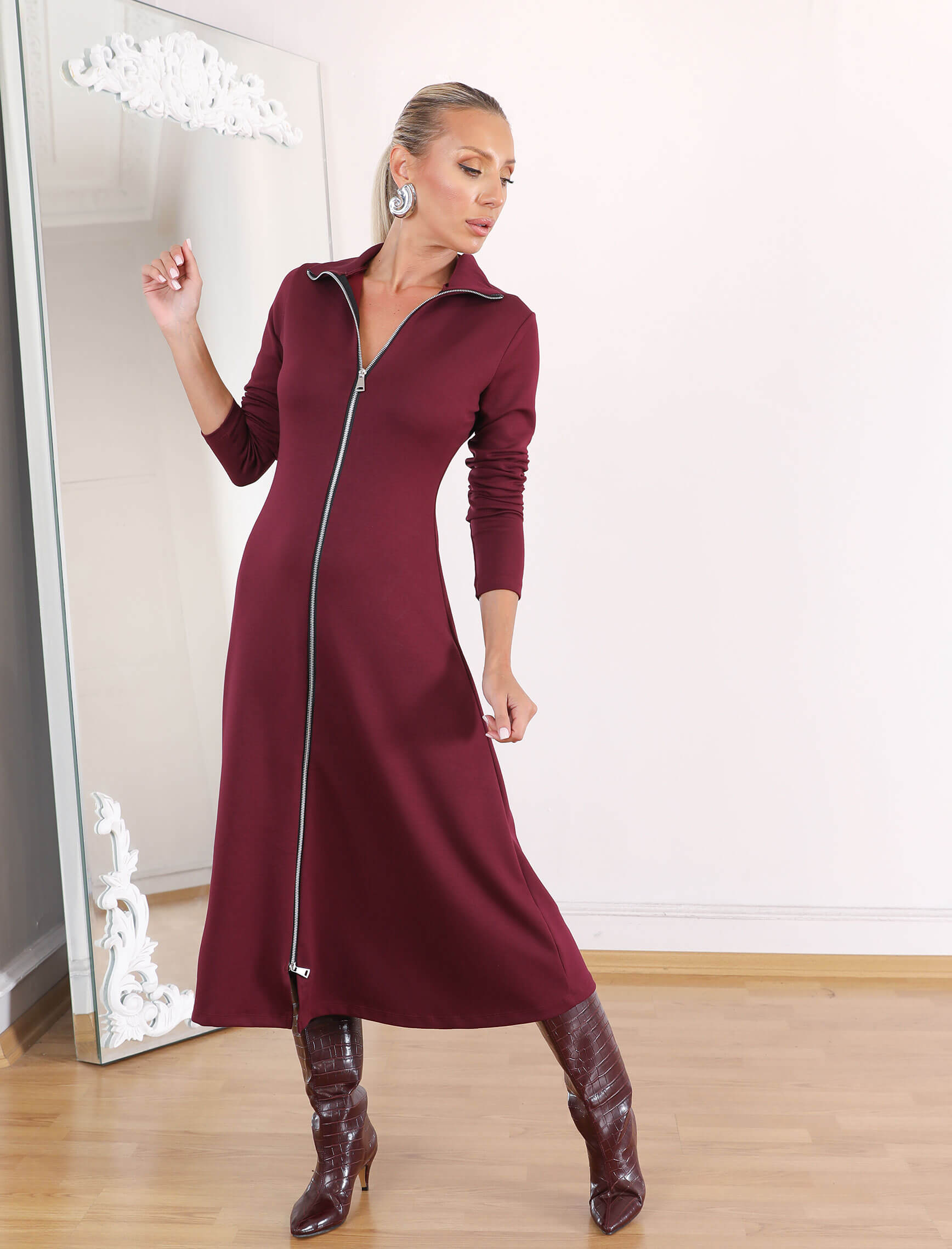 Bordo Çift Fermuar Jina Elbise - Görsel 3