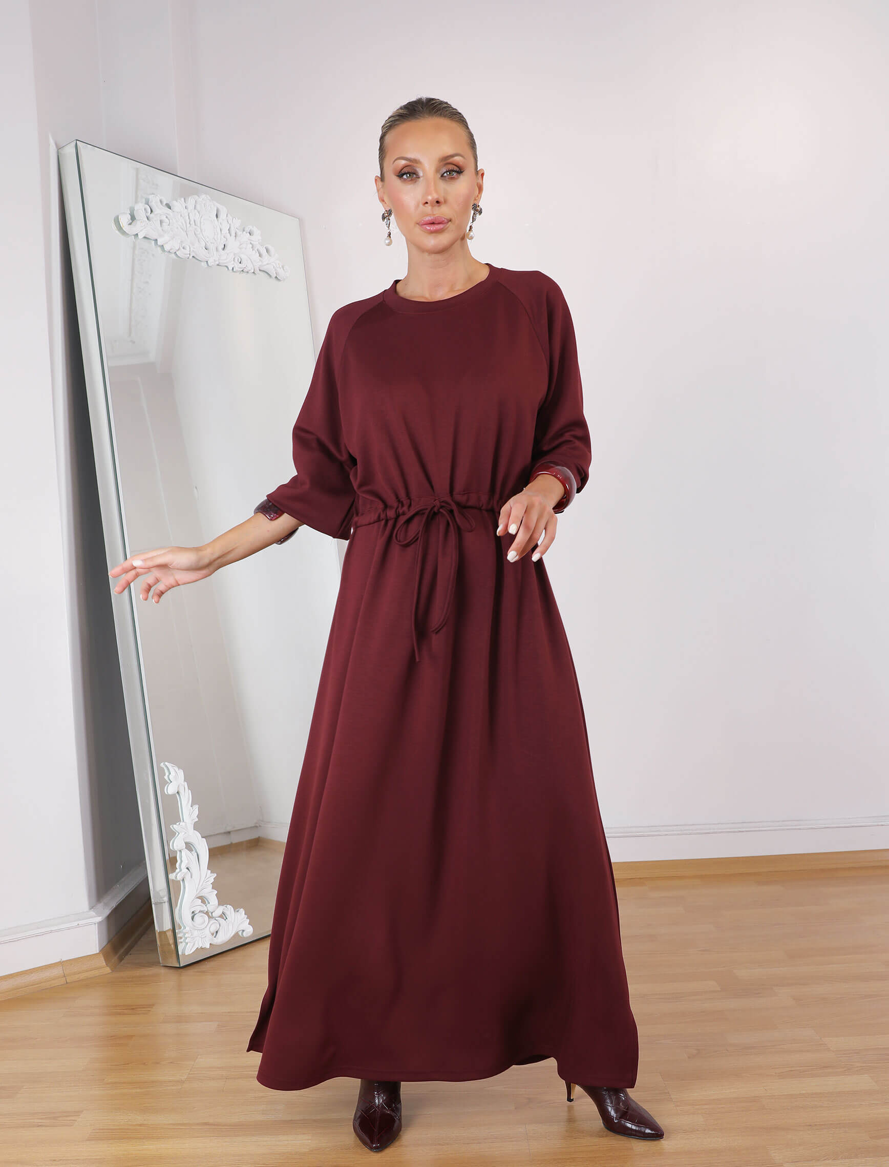 Bordo Bel Büzgülü Tina Elbise - Görsel 5